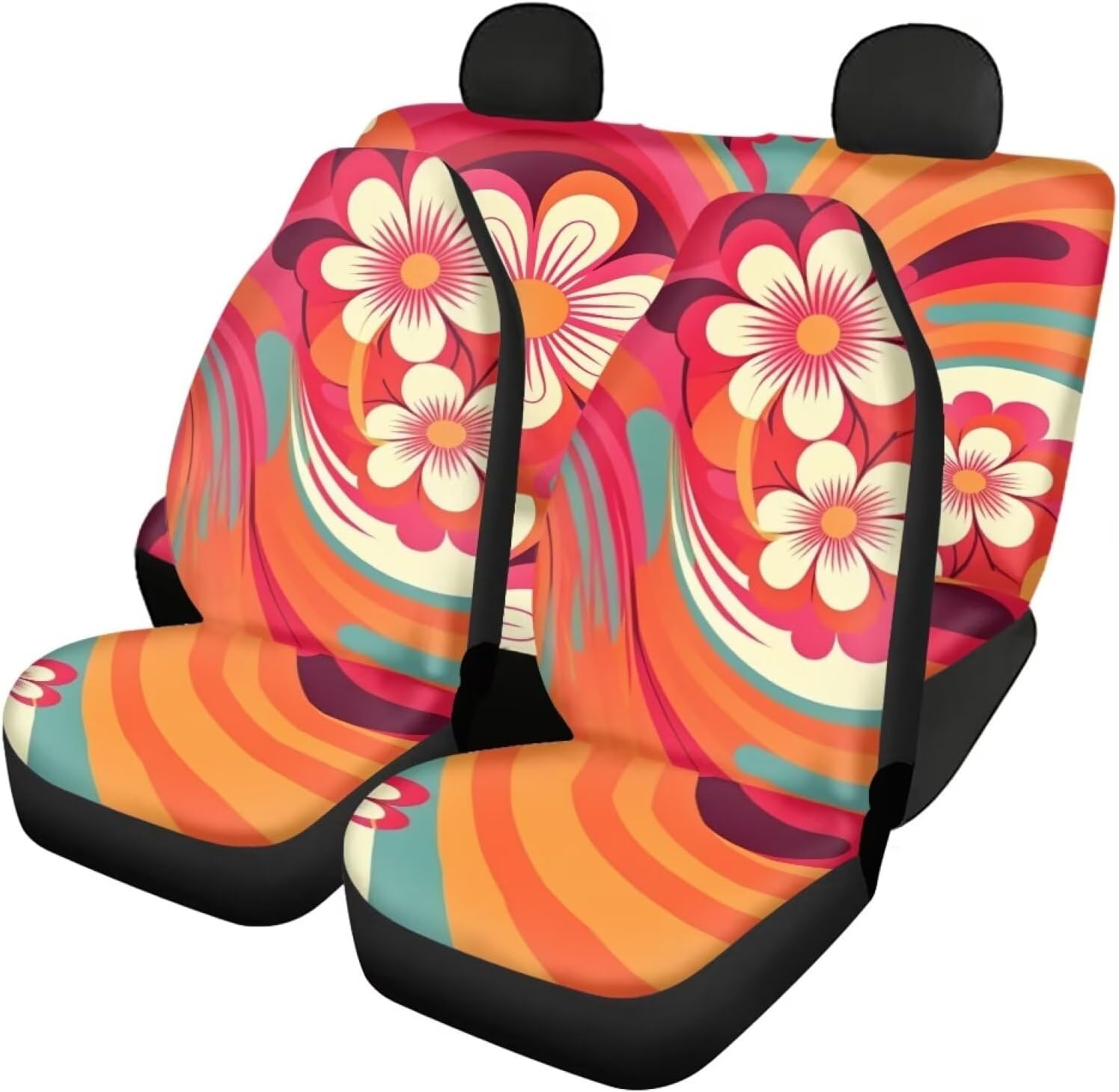 PinUp Angel Red Orange Pink Floral Print Car Seat Covers Full Set, Floral Seat Covers for Cars, Car Seat Protector, Car Seat Covers Front Seats and Rear Fit for Most Cars