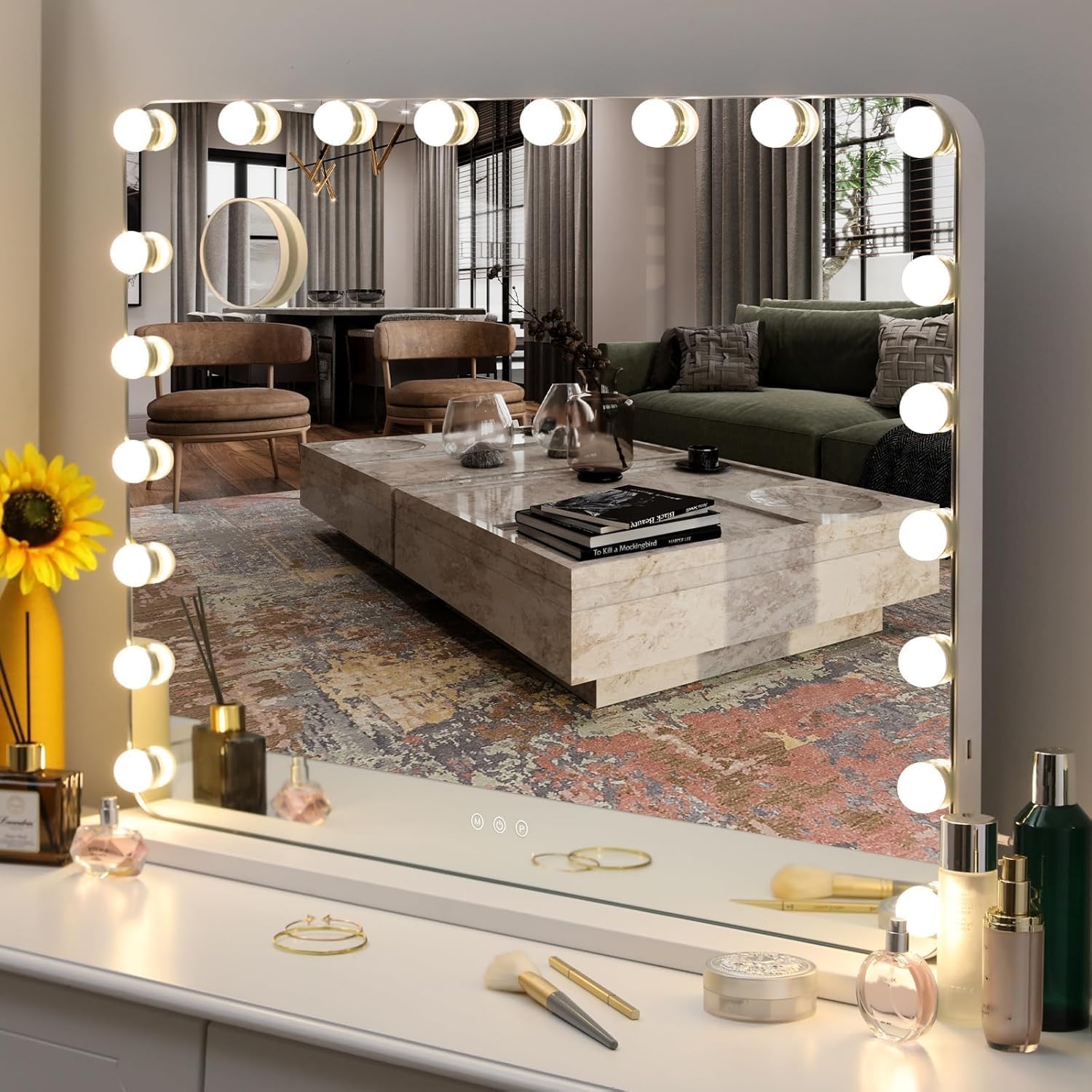 Hollywood Vanity Mirror with Lights, 20 Dimmable Led Bulbs, 3 Colors Lighting Modes, Lighted Makeup Mirror with 10x Magnification, USB Charging Port, Touch Control, Wall and Table Mirror (80x60cm)