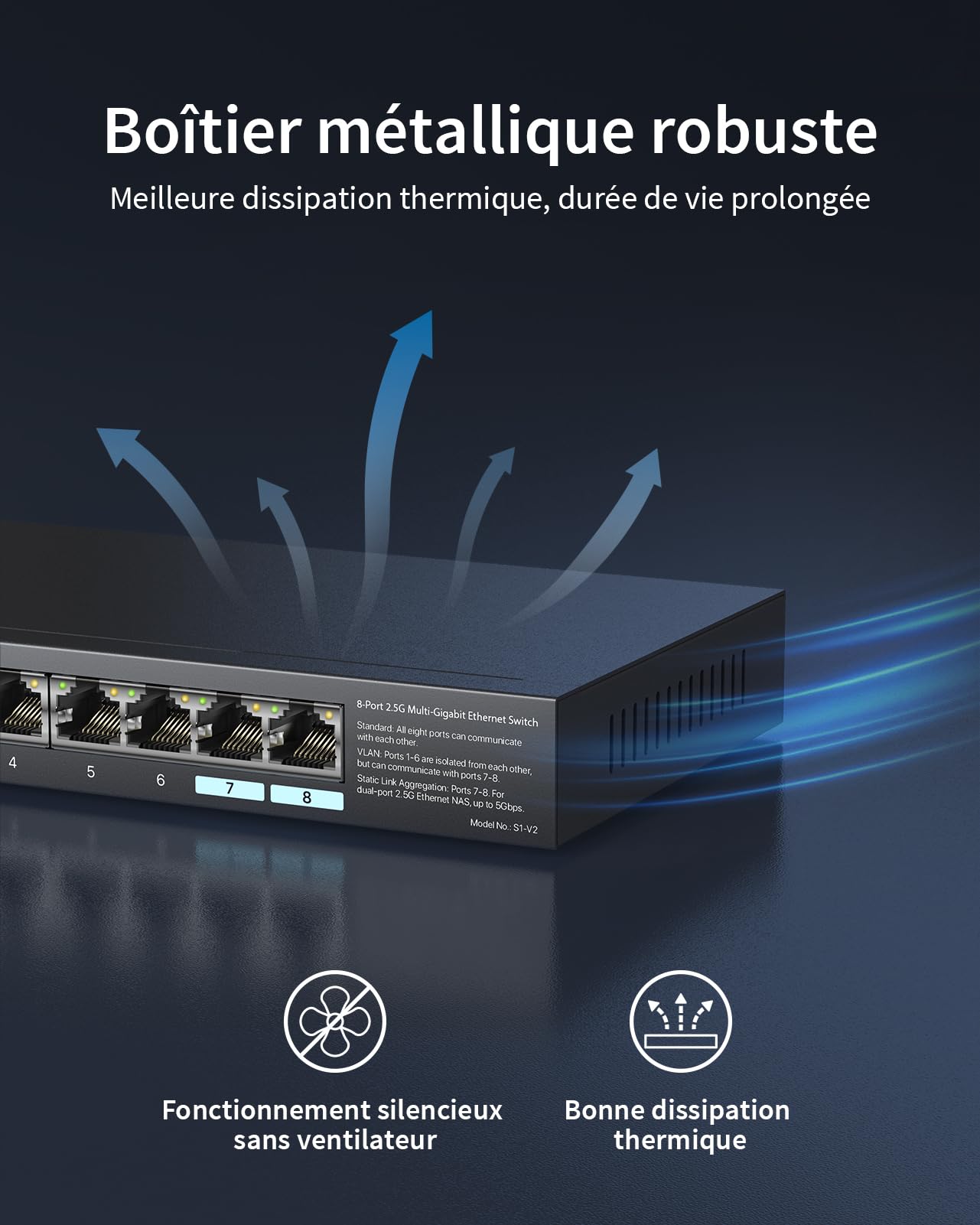 BrosTrend Switch Ethernet 2.5Gbps 8 Ports, Switch RJ45 2.5 Gigabit Unmanaged avec VLAN / Agrégation de Lien Statiques, Hub Ethernet 2,5Gb pour PC NAS, Plug & Play, sans Ventilateur, Protection à Vie
