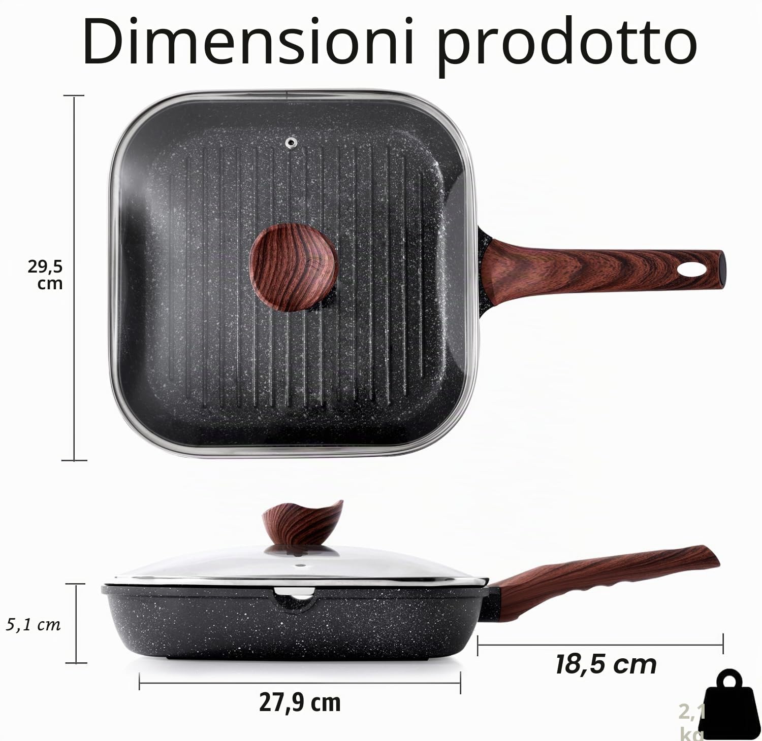 Kordisen Padella Bistecchiera Antiaderente con Coperchio 28 cm – Griglia Quadrata con Rivestimento in Granito, Doppio Beccuccio, Adatta all’Induzione, Senza PFOA