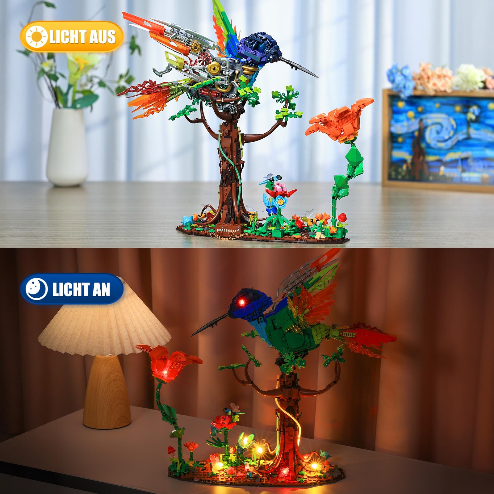 JMBricklayer Kolibri Bauspielzeug für Erwachsene mit LED-Licht, 70011 Kreative Klemmbausteine Set Vogel-Modell fürs Wohnzimmer oder Büro Deko, Geschenk für Mädchen und Jungen Vogelliebhaber ab 14+