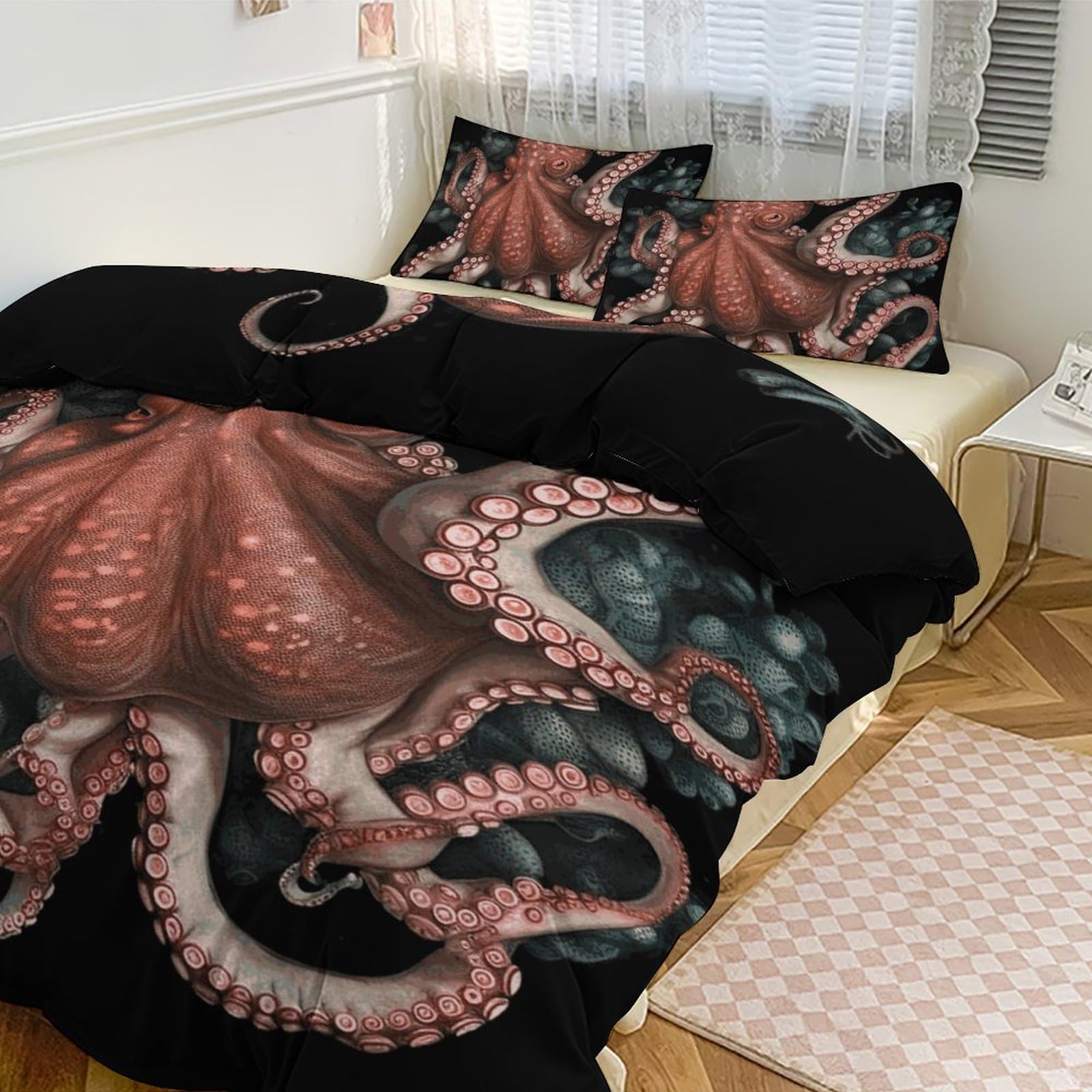 Parure de lit 3 pièces épaisse anti-froid pour grand lit motif pieuvre mignonne
