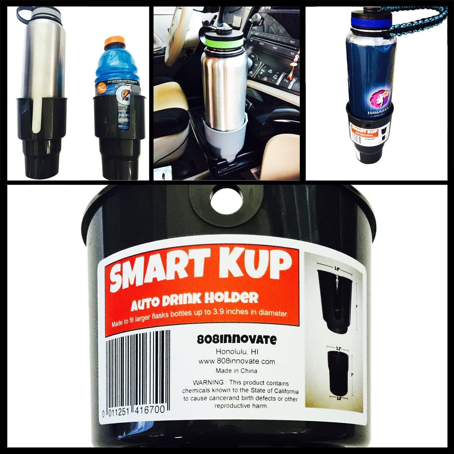 SMART KUP Car Cup Holder Expander for Hydro Flasks 32 oz and 40 oz, Nalgene 32 oz and Other Large Bottles up to 3.8 inches Wide. 3 inch Upper Cup Will Hold Your Items Unlike The competitors.Black Image