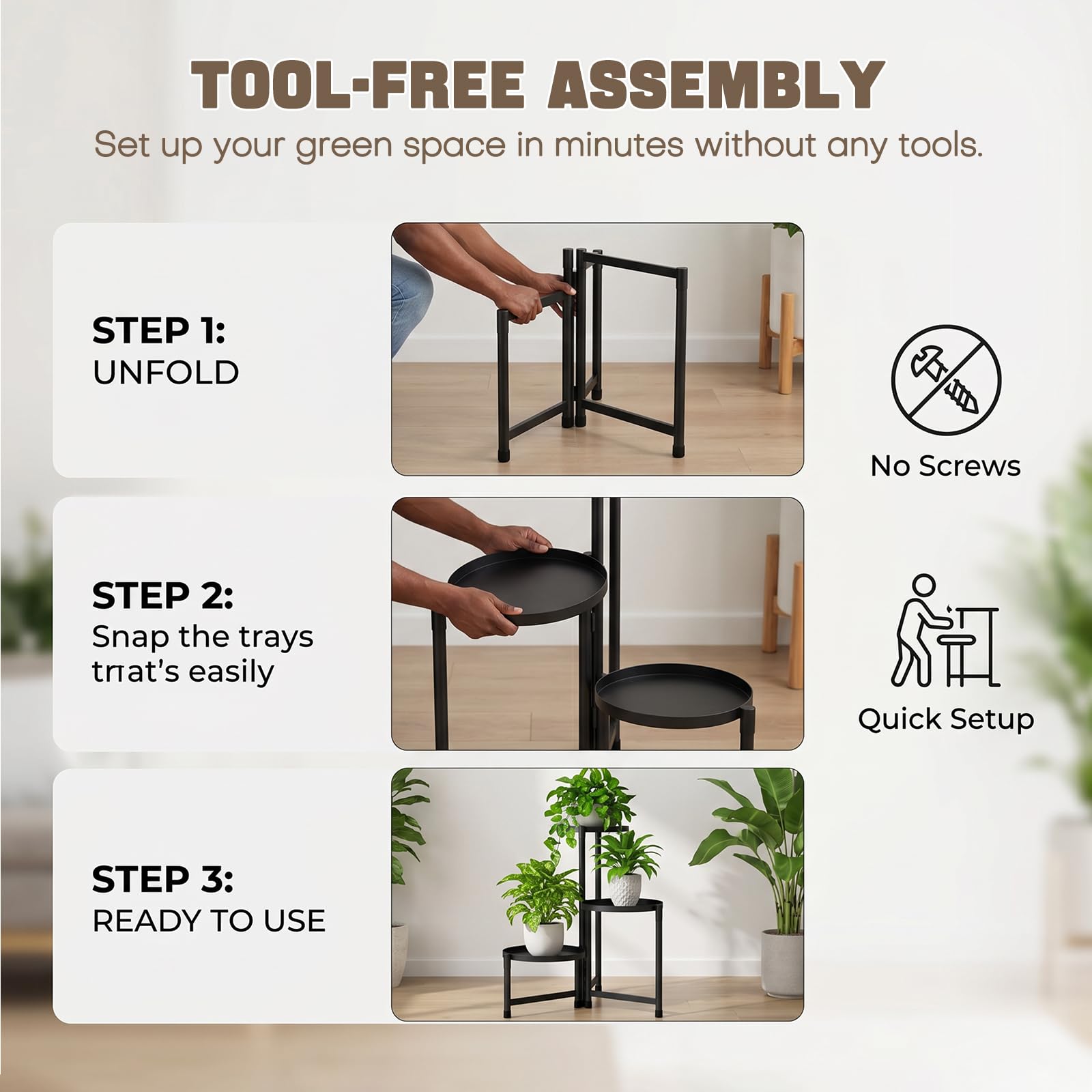 Soporte de metal para plantas de 3 niveles, soporte para flores, soporte de metal negro, soporte para plantas de interior con varios estantes, mesa para plantas de interior y exterior, jardín