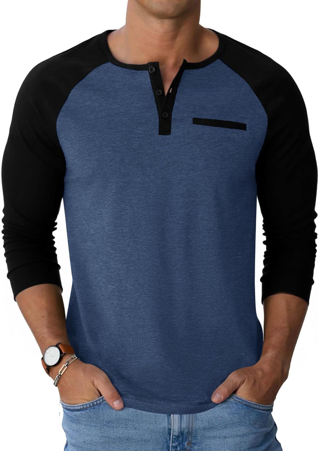 Runcati Mens Henley Shirts Raglan Long Sleeve Casual T-Shirts Color Block Button Shirt Vintage Tops with Pocket