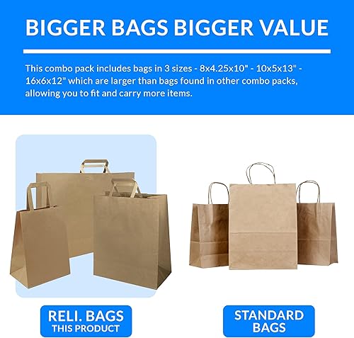 Miniatura 7 de Reli. Bolsas de papel con asas, papel kraft | Varios tamaños grandes | 75 piezas (25 de cada tamaño) - a granel | 8x4.25x10-10x5x13-16x6x12 |