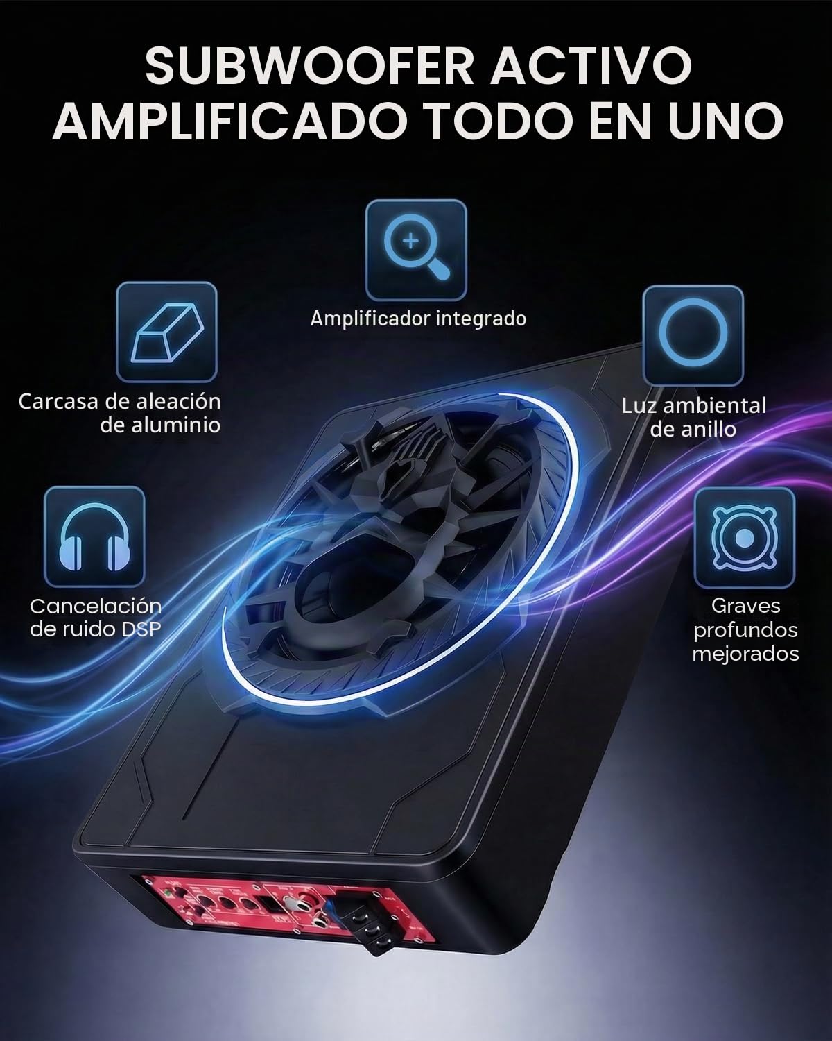 Subwoofer activo para automóvil, montable bajo los asientos, con potencia máxima 1200W, módulo amplificador integrado, diseño compacto y elegante, iluminación ambiental RGB controlada por aplicación