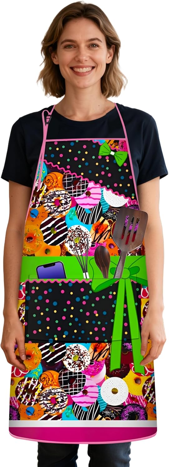 Donut Kitchen Cooking Apron with Pockets Women Funny Adjustable Bib Design Baking Aprons Great Kitchen Gifts for Wife Mom Girlfriend Suitable for Cooking Baking BBQ