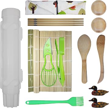 Sushi Making Kit, All-in-One Bazooka Roller Set, with Bamboo Mats, Sushi Bazooka, Avaocado Slicer, Chopsticks, Sauce Dish, Rice Paddle