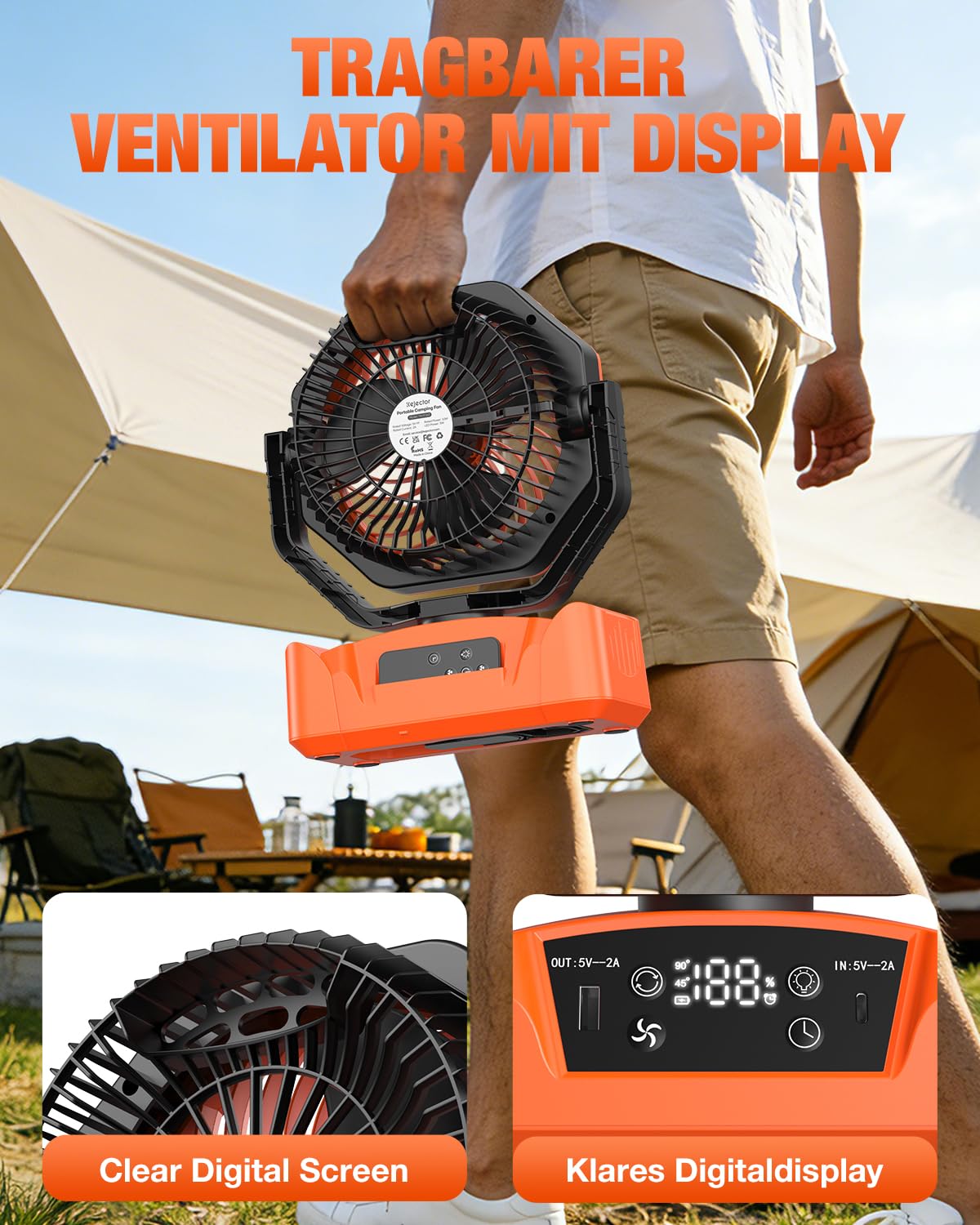 24000mAh Akku Camping Ventilator Powerbank, Kupferkern Motor Akkuanzeige, Fernbedienung Timer , 6 Geschwindigkeiten, Auto Schwenkfunktion, LED-Licht, Aufhängbar für Camping Angeln Zuhause Stromausfall
