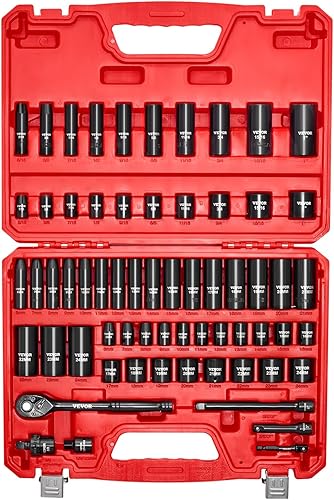 Vista 17 de VEVOR Juego de llaves de impacto, 19 piezas x 1/2 pulgadas métricas de 3/8-1-1/2 pulgadas, 6 puntos de zócalo profundo de 6 puntos, construcción
