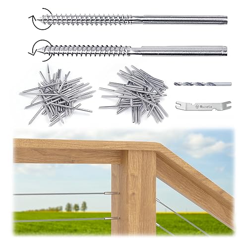 Muzata Paquete de 80 tornillos de retraso de 18 pulgadas para barandillas de cable izquierdo y derecho, hilo manual para poste de madera T316 acero