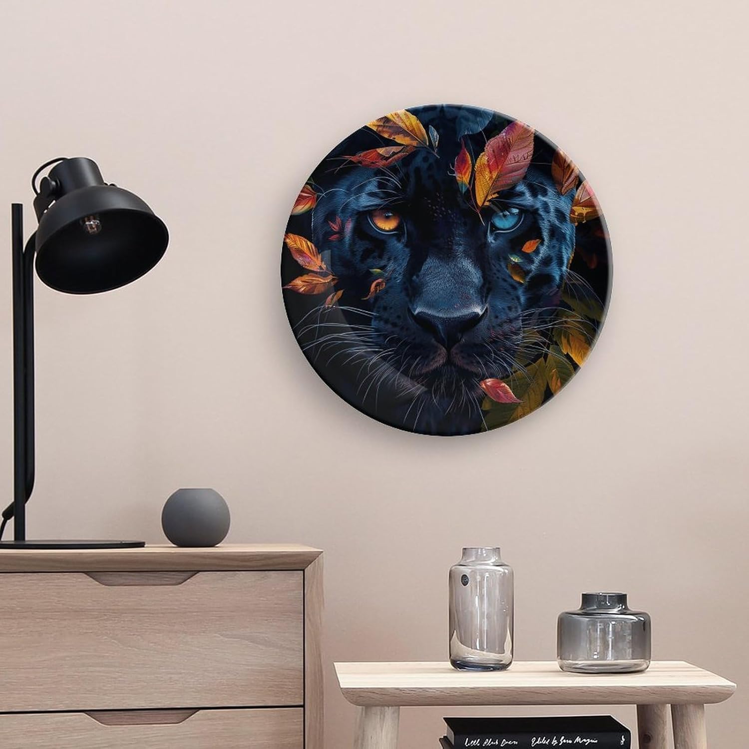 Leaves And Panther Ceramic Plate 10inch Decorative Bone China Wall Hanging Ornament Plates Bohemian Style Dinner Plate with Display Stand Cabinet Display Plates for Home Art Decor