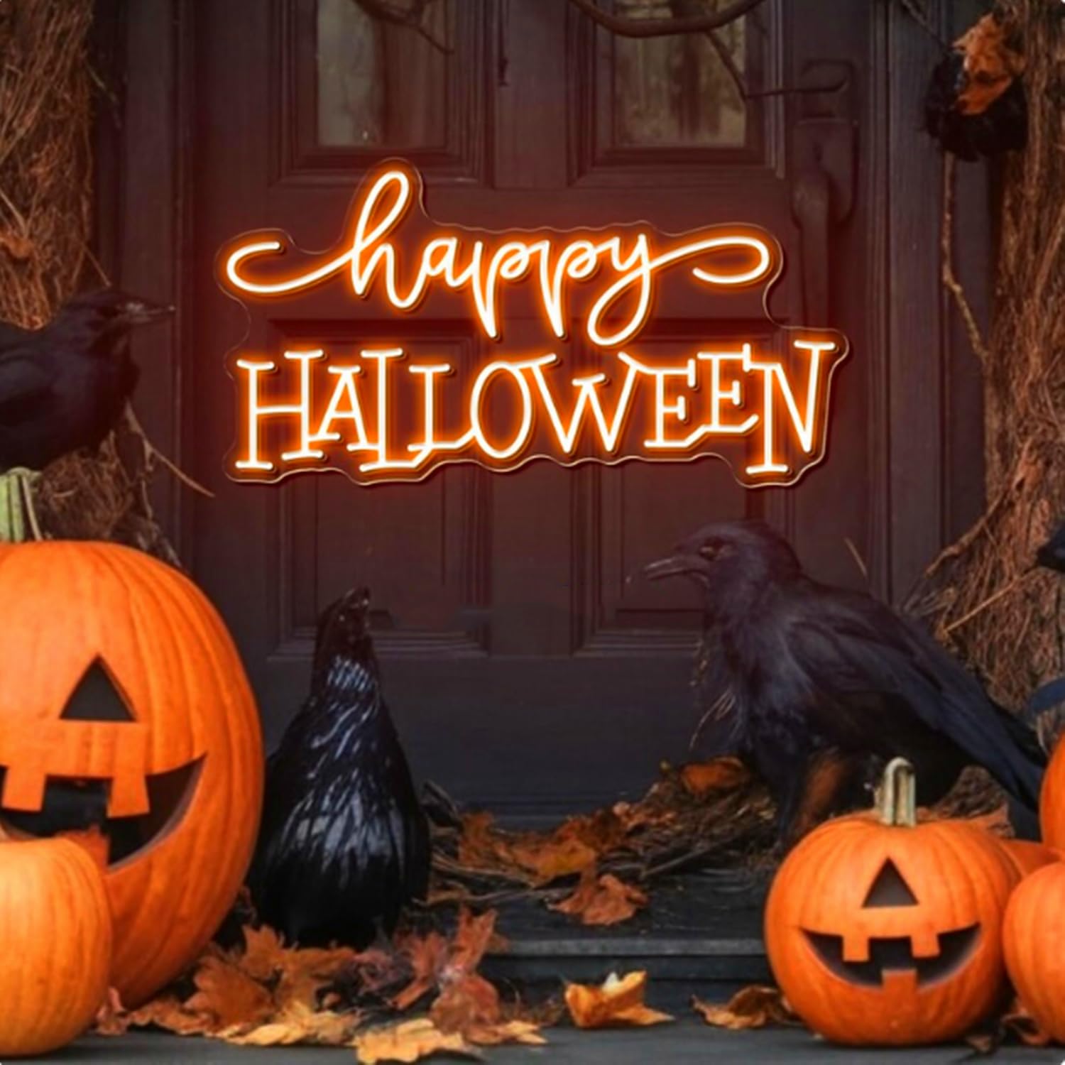 Large Happy Halloween Neon Sign, Custom LED Neon Light with Dimmable Switch and Hanging Chain, Family Spooky Party Wall Art Decor, Holiday Home Decoration, Gift for Halloween Party — image 1