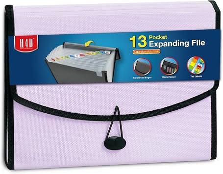 H4D 13-Pocket Accordion File Organizer, Expanding File Folder, Pale Lilac | Extra Back Mesh Pocket, Letter Size Paper, Pre-Printed and Customizable Labels, Expandable Document Organizer
