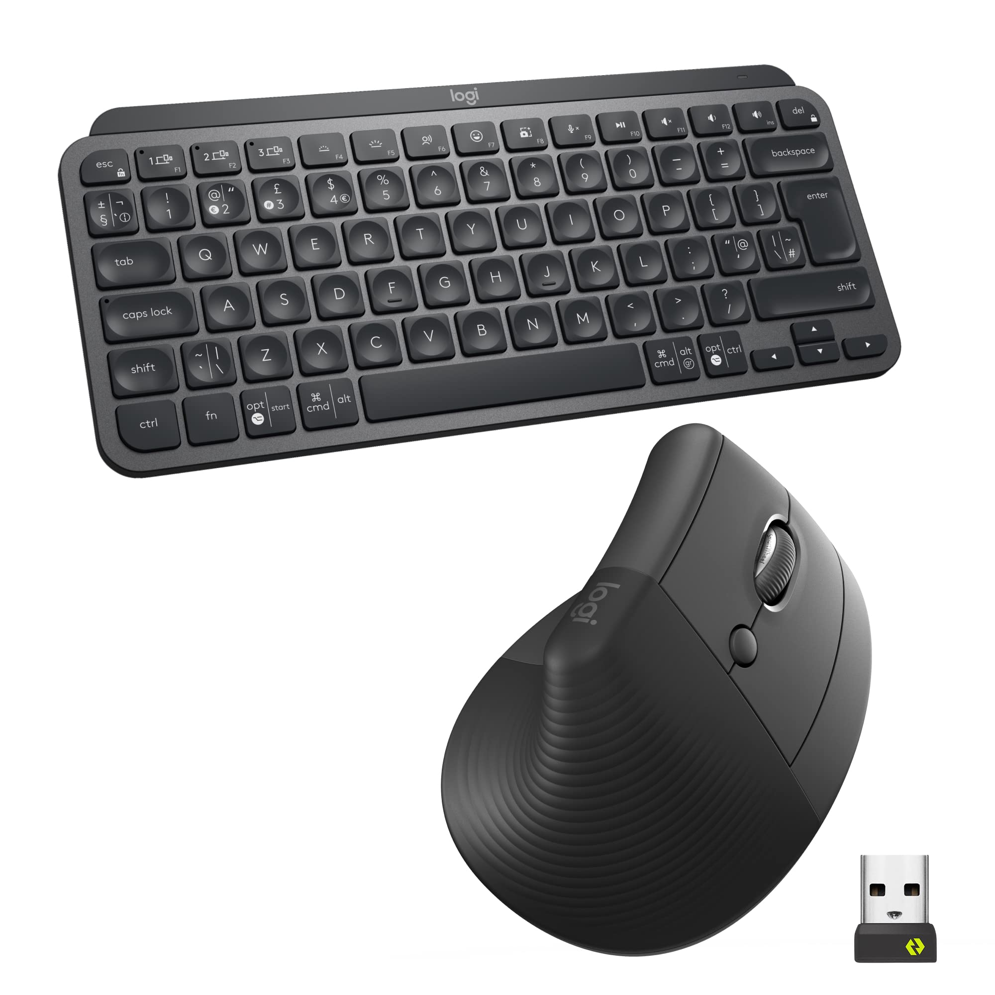 LogitechMX Keys Mini Keyboard and Lift Vertical Ergonomic Mouse Combo - Wireless, Backlit Keys, Bluetooth or Logi Bolt USB receiver, Quiet, Windows/macOS/iPadOS, Laptop, PC, QWERTY UK - GreyCarbon Neutral Certified by SCS Global Services