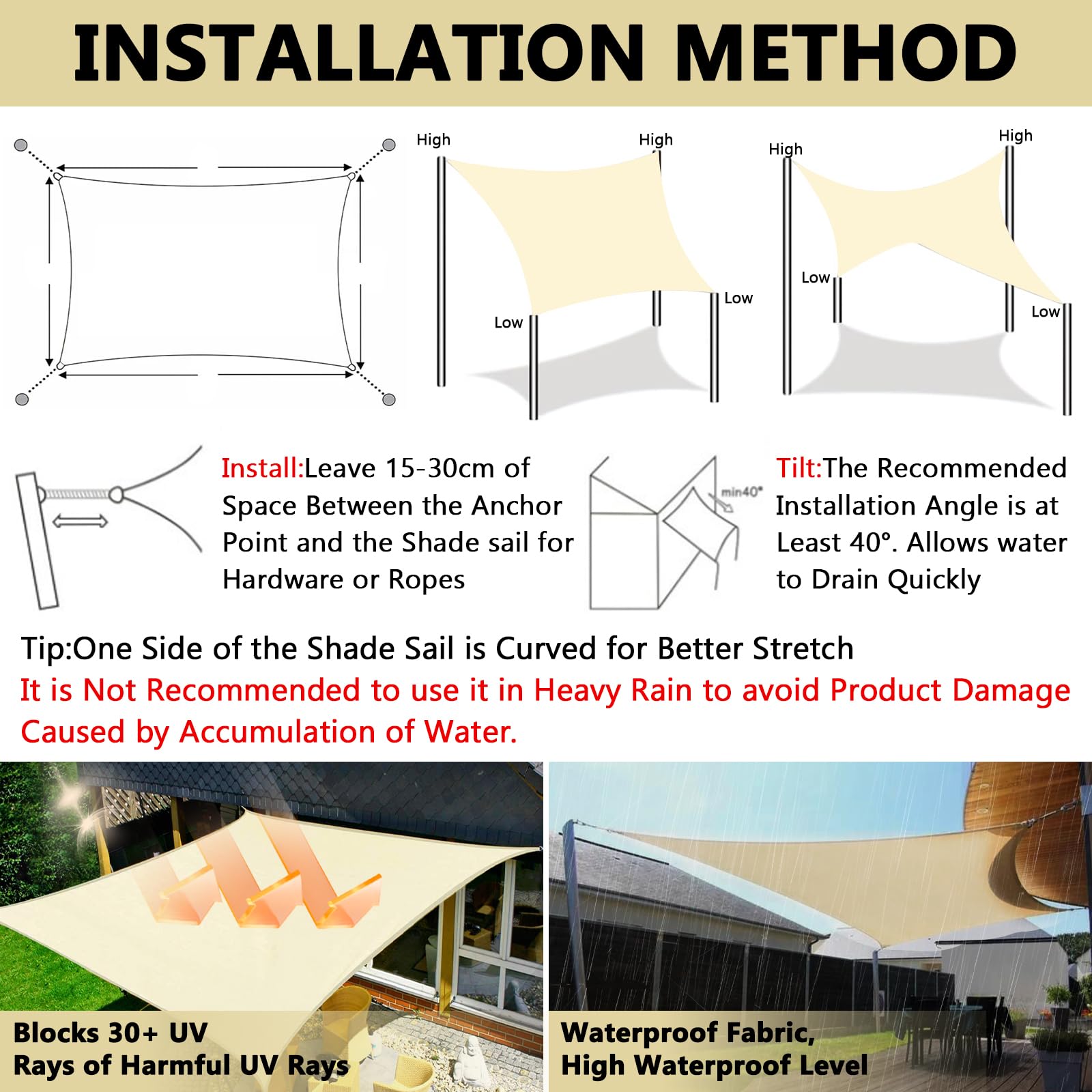 Toldo Vela 3×4m Toldos Exterior Terraza, Toldo Vela Rectangular,Impermeable, Vela Sombra,con Cuerda, para Exteriores, Pergola, Jardín,Terrazas - Beige