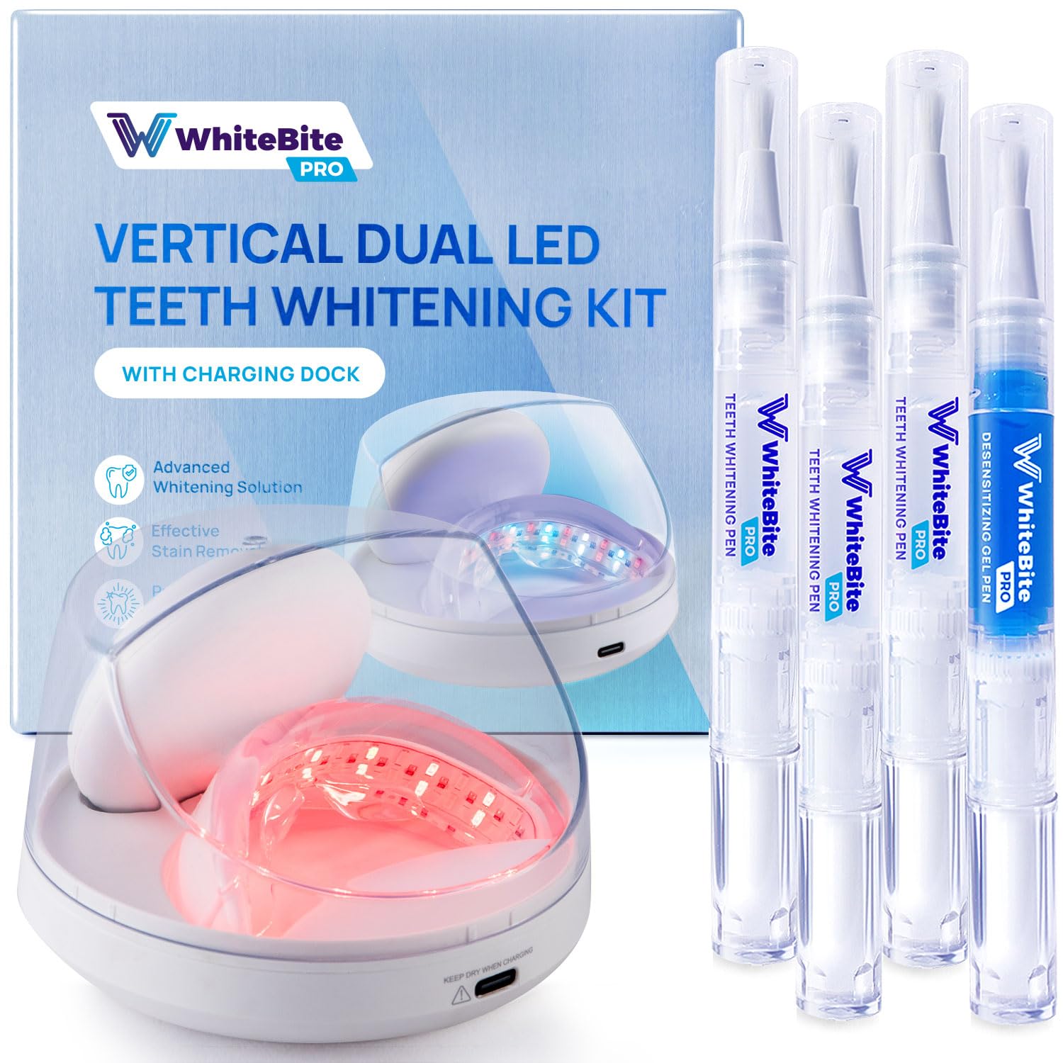 Whitebite Pro Vertical Dual LED Teeth Whitening Kit with Charging Dock Professional at-Home Dental Whitening Machine with Pens
