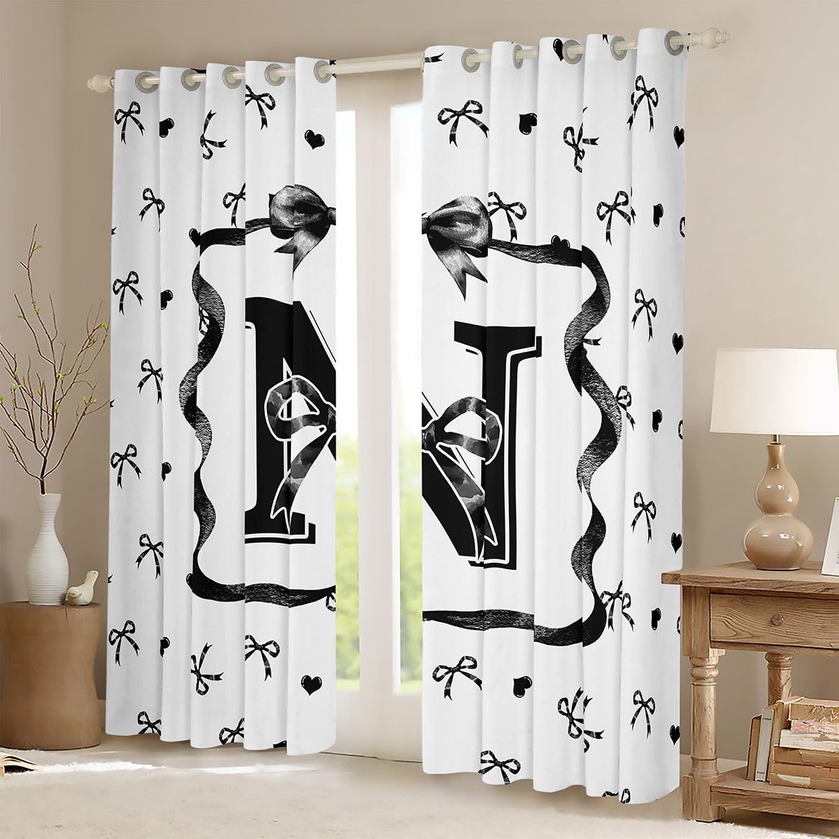 Homewish Litera N kokardki zasłony okienne 132 x 160 cm 2 zestawy paneli - czarno-biała kokarda zasłony zaciemniające czarna muszka ozdoby okienne zasłony dziewczęce kokarda węzeł do sypialni