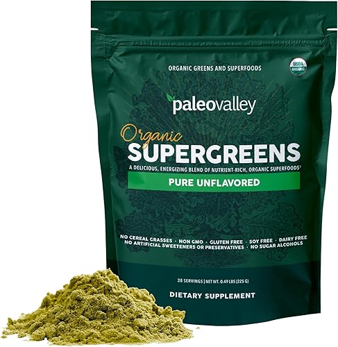 Paleovalley Polvo orgánico Supergreens 23 superalimentos con fibra prebiótica para apoyo energético e inmunidad Sin pastos de cereales para una