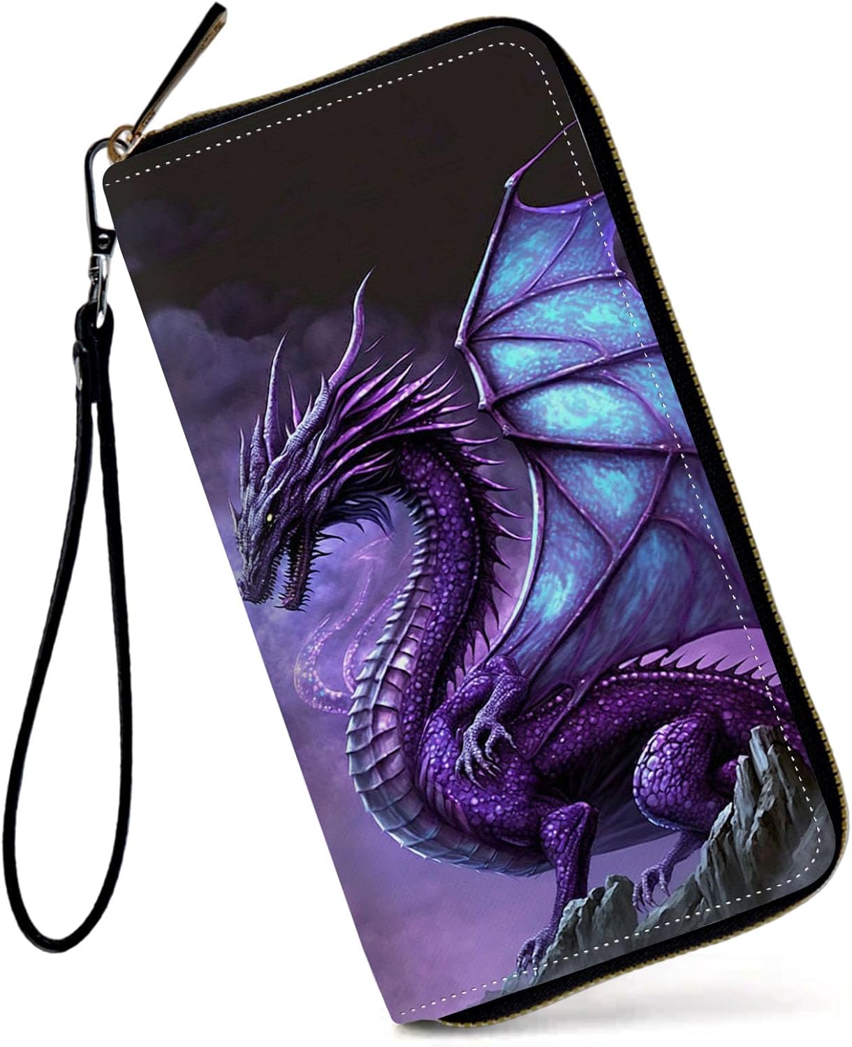 Womens Wallet, Large Capacity RFID Blocking PU Leather Wristlet Wallets for Women Ladies Men Credit Card Holder Zipper Wallet Phone Holder Clutch Travel Purse, Purple Dragon