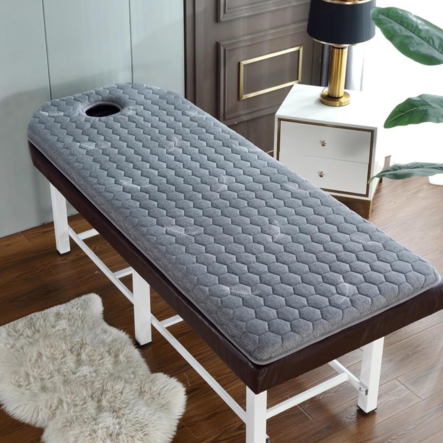 Gray/a(r),190 * 70cm, Memory Foam Massage Table Mattress Topper with Elastic Strap Thicken 6Cm Beauty Salon Bed Mattress Pad Lash Bed Topper with Hole Lash Bed Cushion Square Round Head