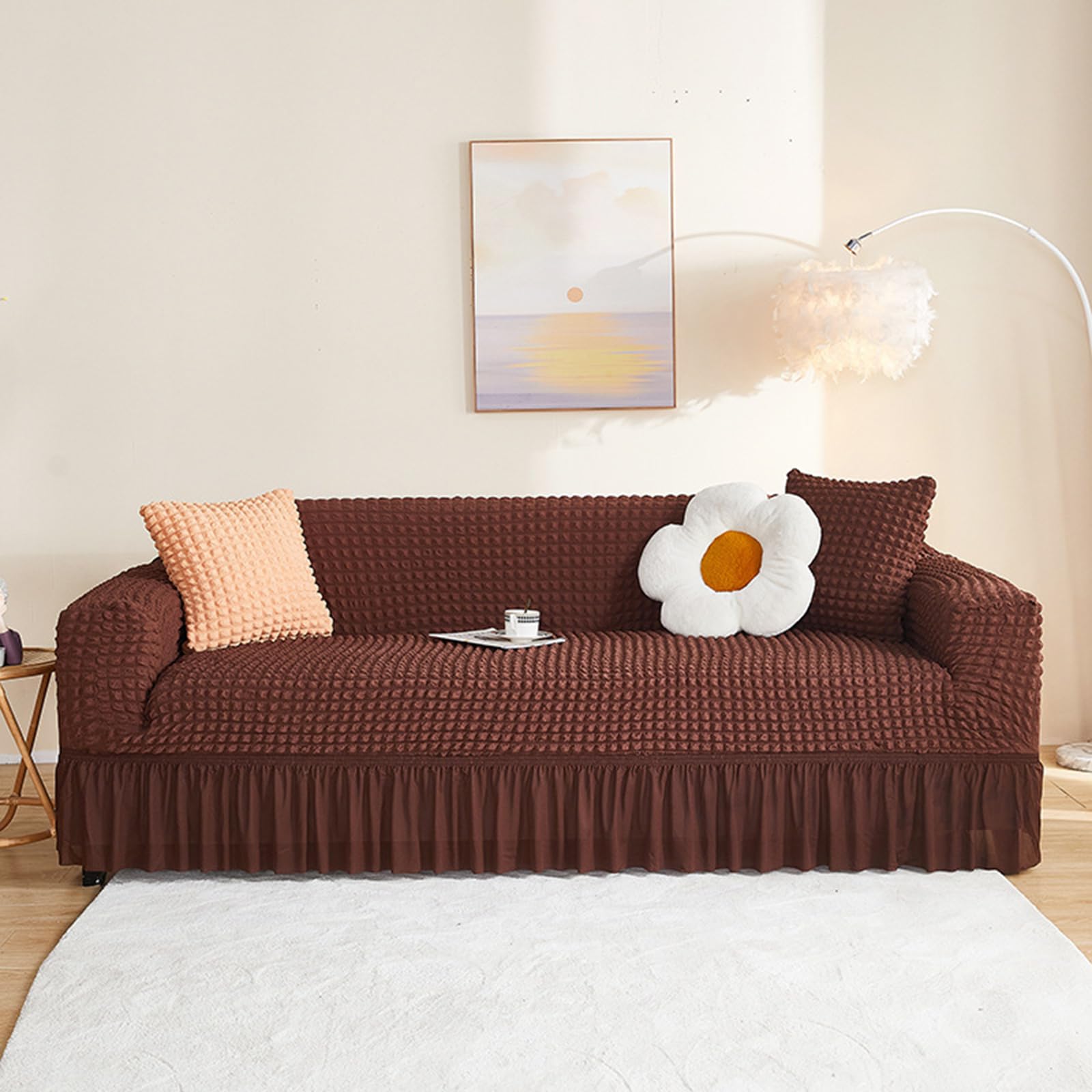 JIXINHEKEJI Stretch Seersucker Sofa Cover Instant Makeover, Non-Slip Soft Washable Couch Slipcover With Elastic Bottom And Skirt, Furniture Protector For (Size:1 seater (90-140cm),Color:Brown)