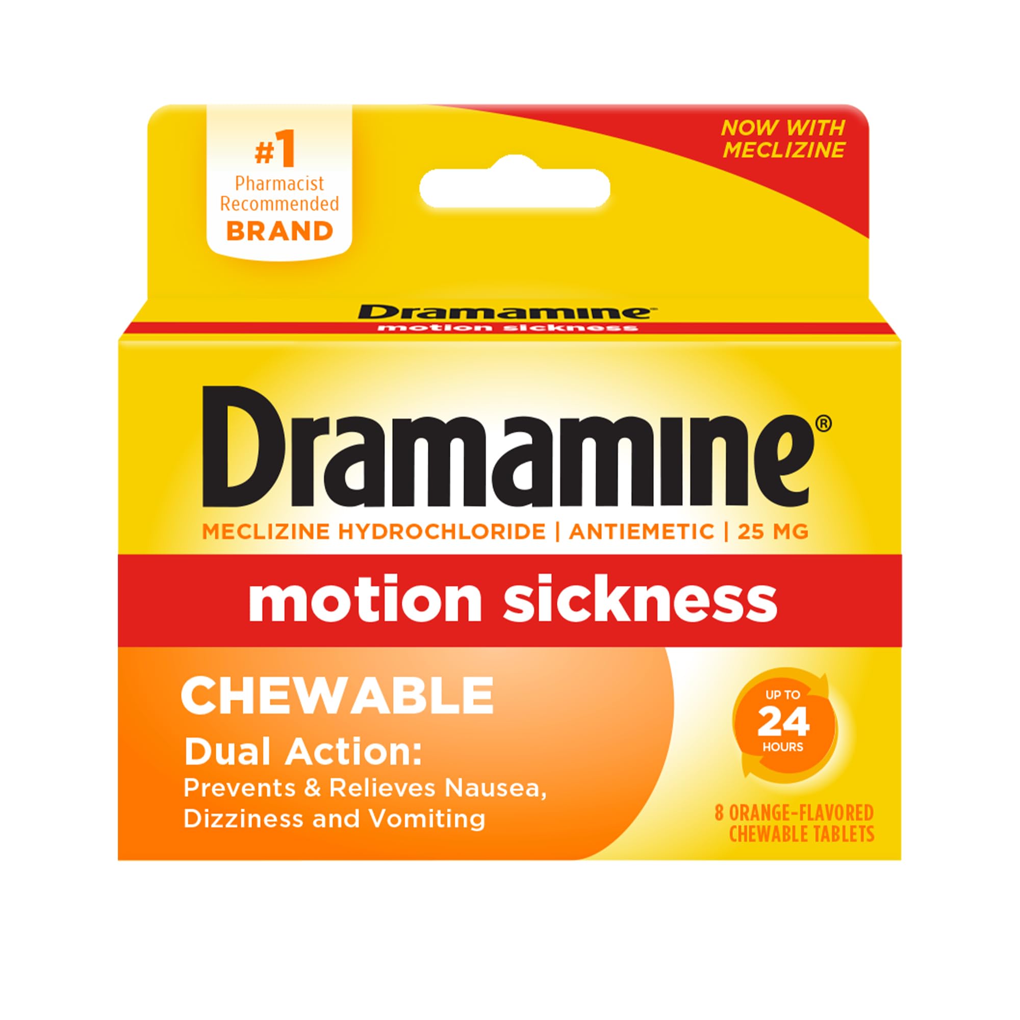 Dramamine Motion Sickness ChewableTablets, Orange Flavor, 8 Count | Chewables for Nausea Relief During Travel, Prevent & Relieve Motion Sickness & Dizziness, Fast & Powerful Relief