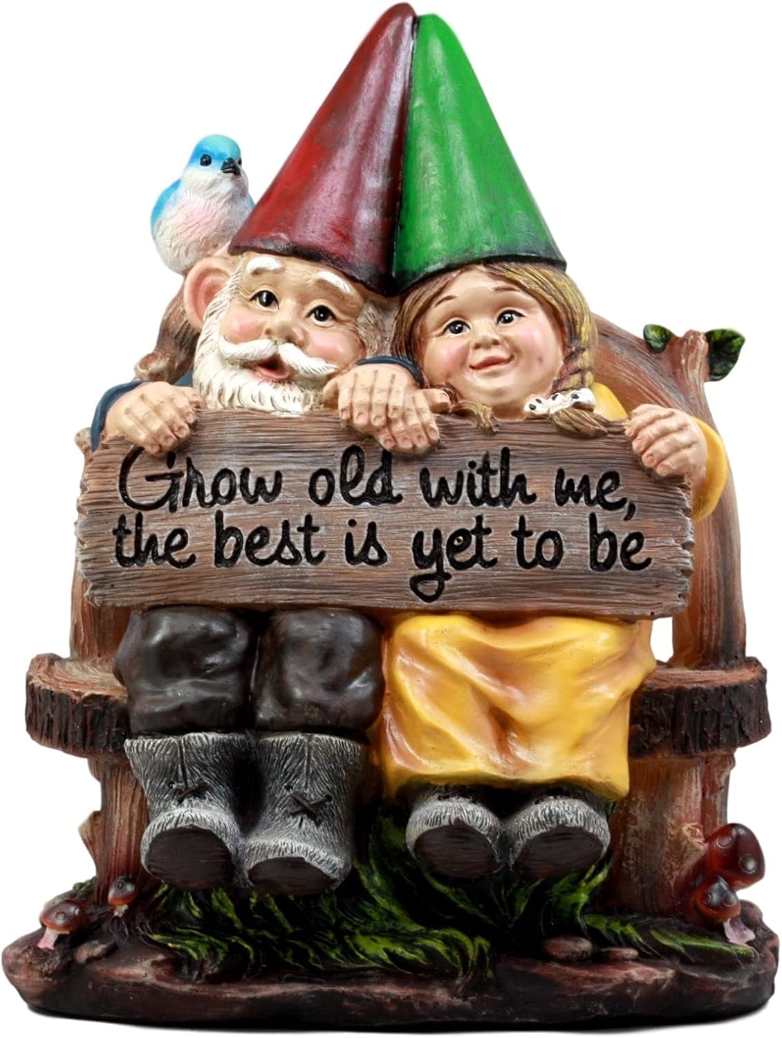 Ebros Gift Whimsical Mr & Mrs Gnome Sitting On Rustic Chair with Blue Bird Statue Grow Old with Me Guest Greeter Patio