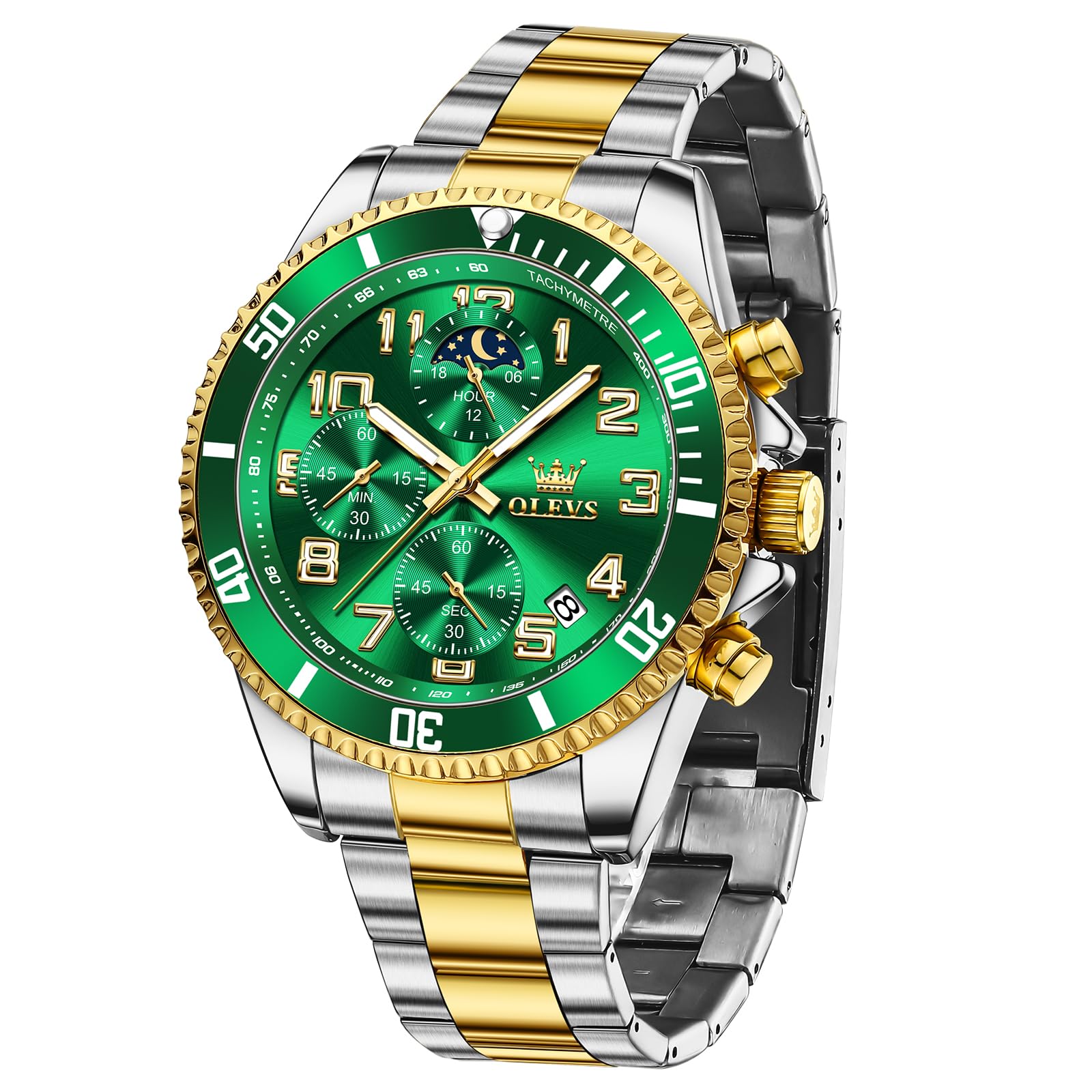 OLEVS Groß Uhr Herren Wasserdicht Leuchtend Edelstahl Mondphase Armbanduhr Herren Analog Chronograph Herrenuhren Arabische Ziffern mit Datum