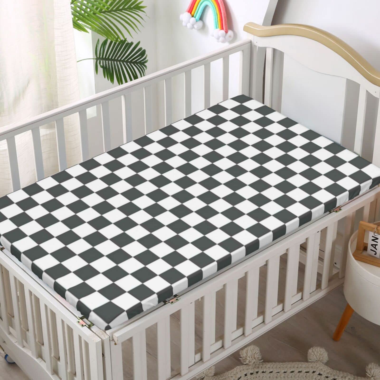 Checkered Themed Fitted Mini Crib Sheets,Portable Mini Crib Sheets Soft Toddler Mattress Sheet Fitted-Great for Boy or Girl Room or Nursery, 24“ x38“ White Grey