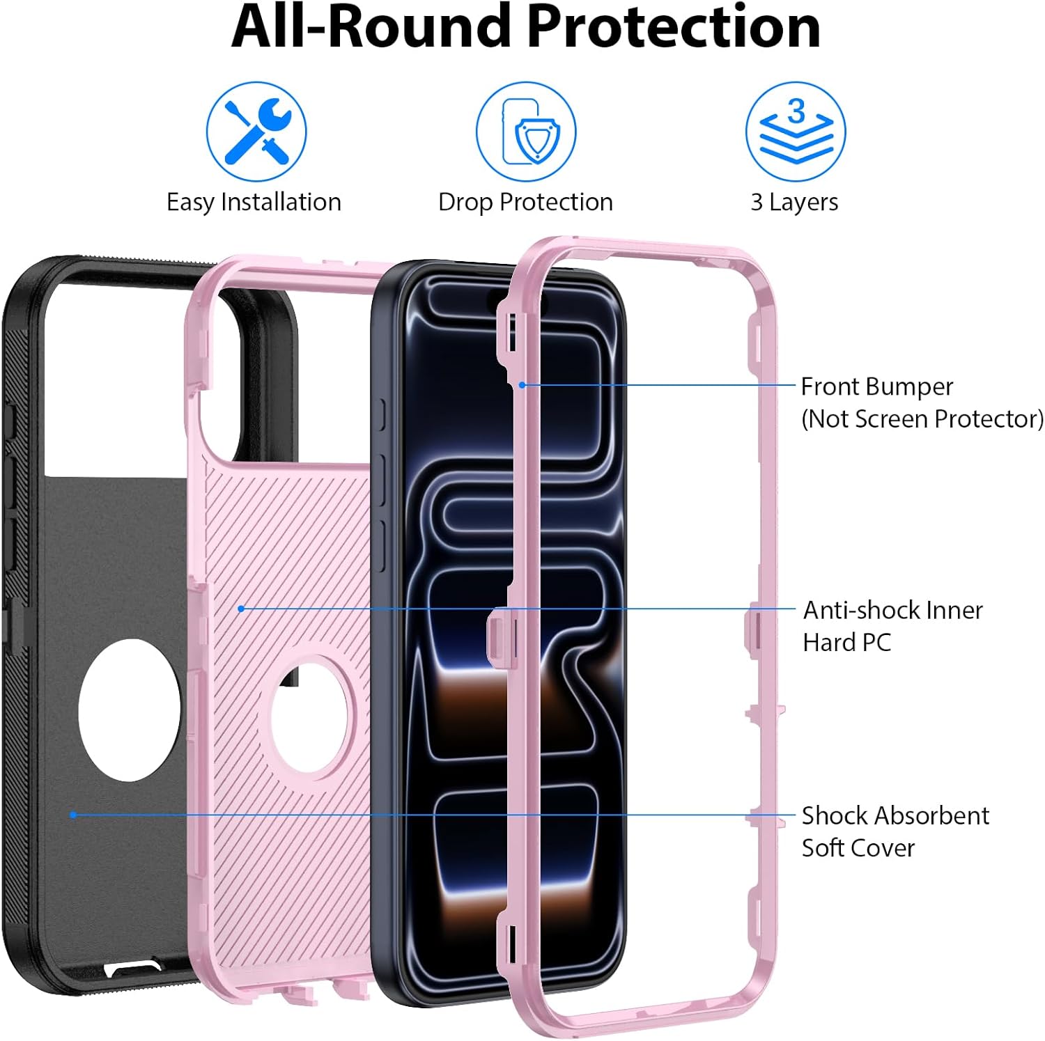 COOYA for iPhone 17 Pro Max Case Full Body Drop Protection Rugged Case Shockproof 3-Layer Heavy Duty Hybrid Non-Slip Rubber Phone Cover Front Bumper Hard Shell for iPhone 17 Pro Max 5G 6.9''Black+Pink - Image 3