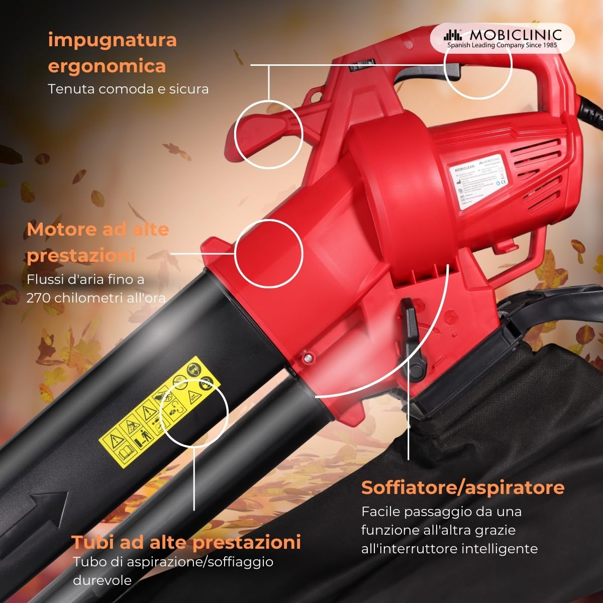 Mobiclinic®, Soffiatore, Aspiratore Trituratore di Foglie, 900w, 6 Velocità, Mobiclean, 3 in 1, Leggero, 35l, Marchio europeo, Soffiaggio 270 km/h, Per il Giardino, 220v, Tracolla