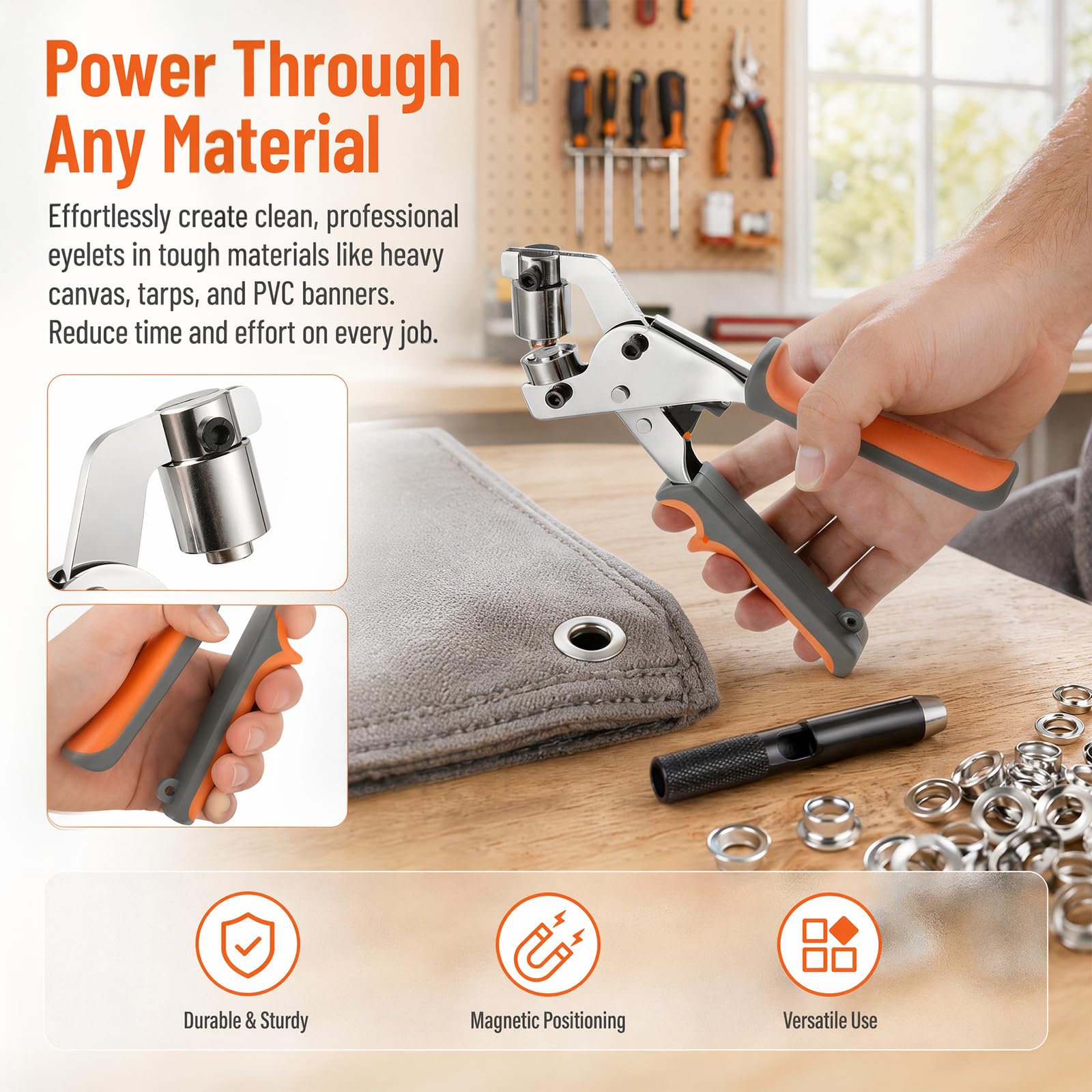 Ösenzange Set, Ösen-Stanzer mit 200 Ösen (Innen-Ø 10mm), Ösenstanze,Handpresse ohne Hammer für Stoff, Leder, Plane, Segeltuch, Robust, Rostfrei Profi Reparatur Set