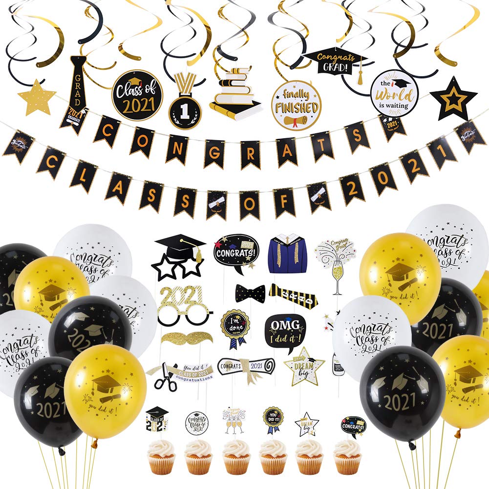 Tectsia 2021 Graduation Decorations, 85 Pcs - Pre-Assembled Black and Gold Congrats Grad Banner Paper Pompoms Hanging Swirls Graduation Garland Party Balloons for Grad Party Decoration