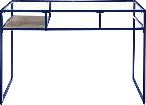 Miniatura 10 de Escritorio rectangular industrial con compartimento abierto, parte superior de vidrio y base de trineo de metal, capacidad de peso de 50 libras, 48