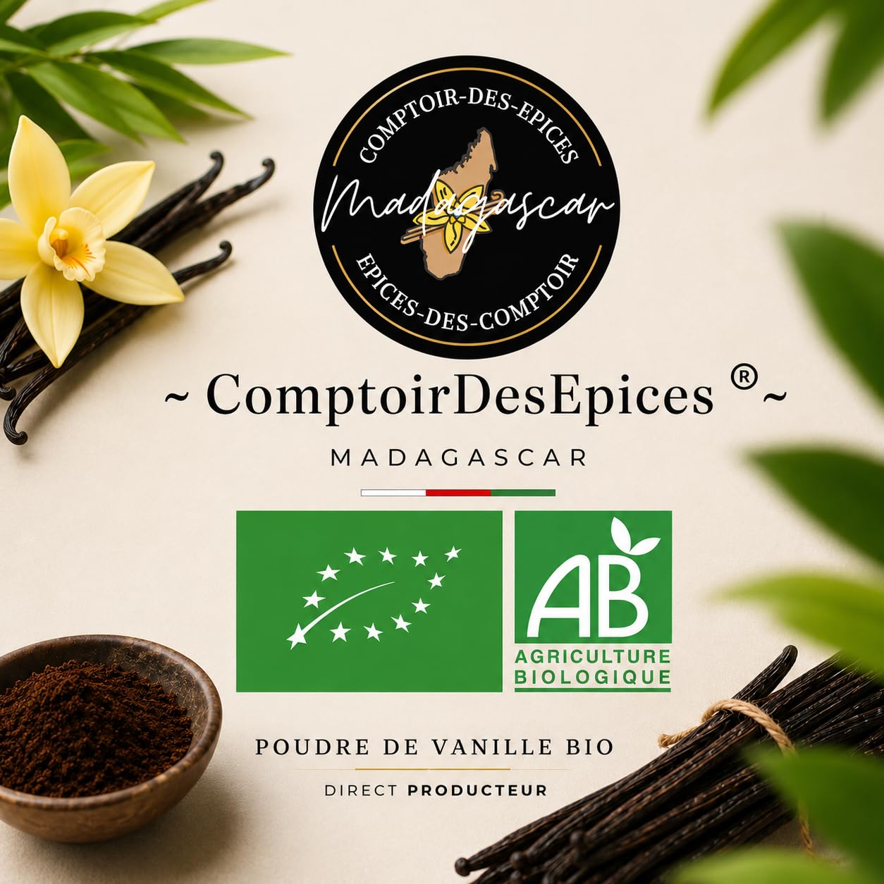 Comptoir Des Epices Madagascar Vainilla - Polvo de vainilla Bourbon (150 g) - vaina de vainilla pura molida - para café - Pastelería - Desertos - Cocina - Infusion (empresa francesa)