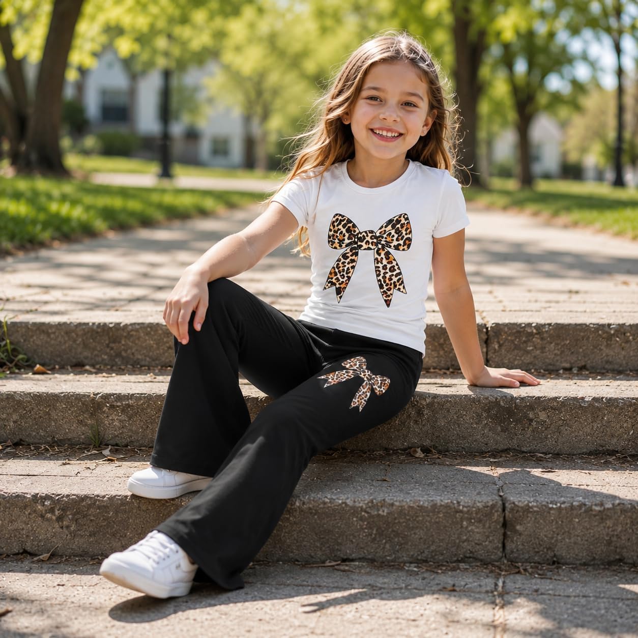 Girls 2 Piece Outfits Leopard, Bow, Heart, Cherry Top & Flared Pants Set