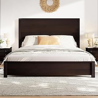 King Size Wood Platform Bed, Rustic Bed Frame with 51.2" Tall Slatted Headboard, Wooden Slats & Metal Support, No Box Spring Needed/Noise Free, Espresso