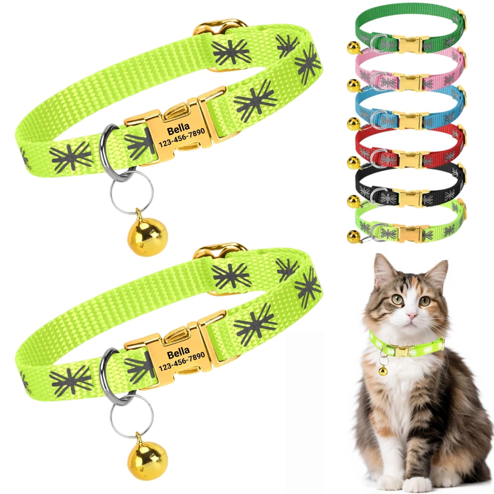 2 Pack Personalised Cat Collar with Custom Engraved Name Tag Quick Release Metal Buckle Reflective Kitten Collar with Bell Adjustable 19-29cm for Boys and Girls (Neon Green+Neon Green) — image 1