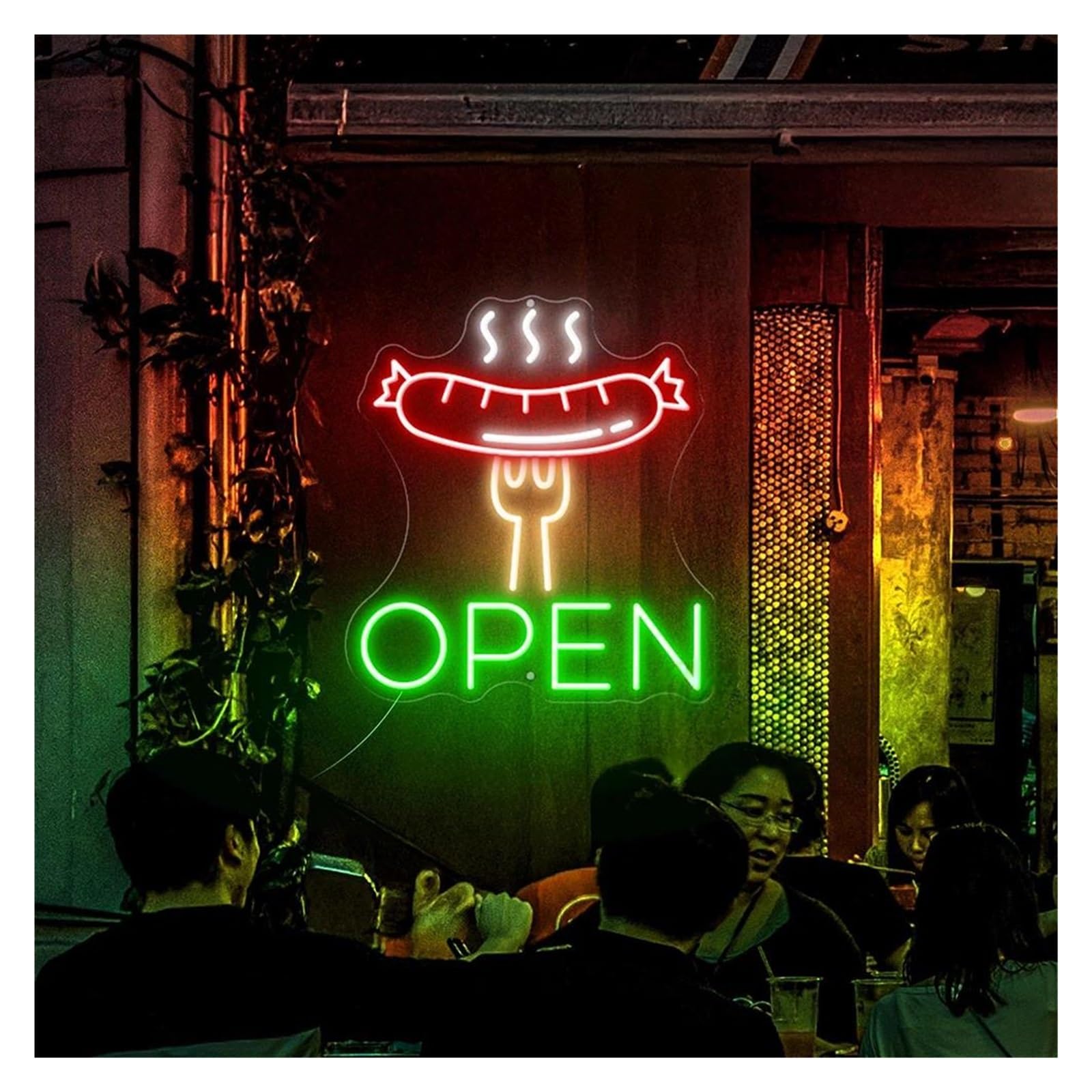 SHOUXI Sign Lamp Grilled Sausage Open Neon Sign Sausage On A Fork Neon Light Barbecue BBQ Restaurant Wall Decor Meat Light Signs(D,90X80CM)