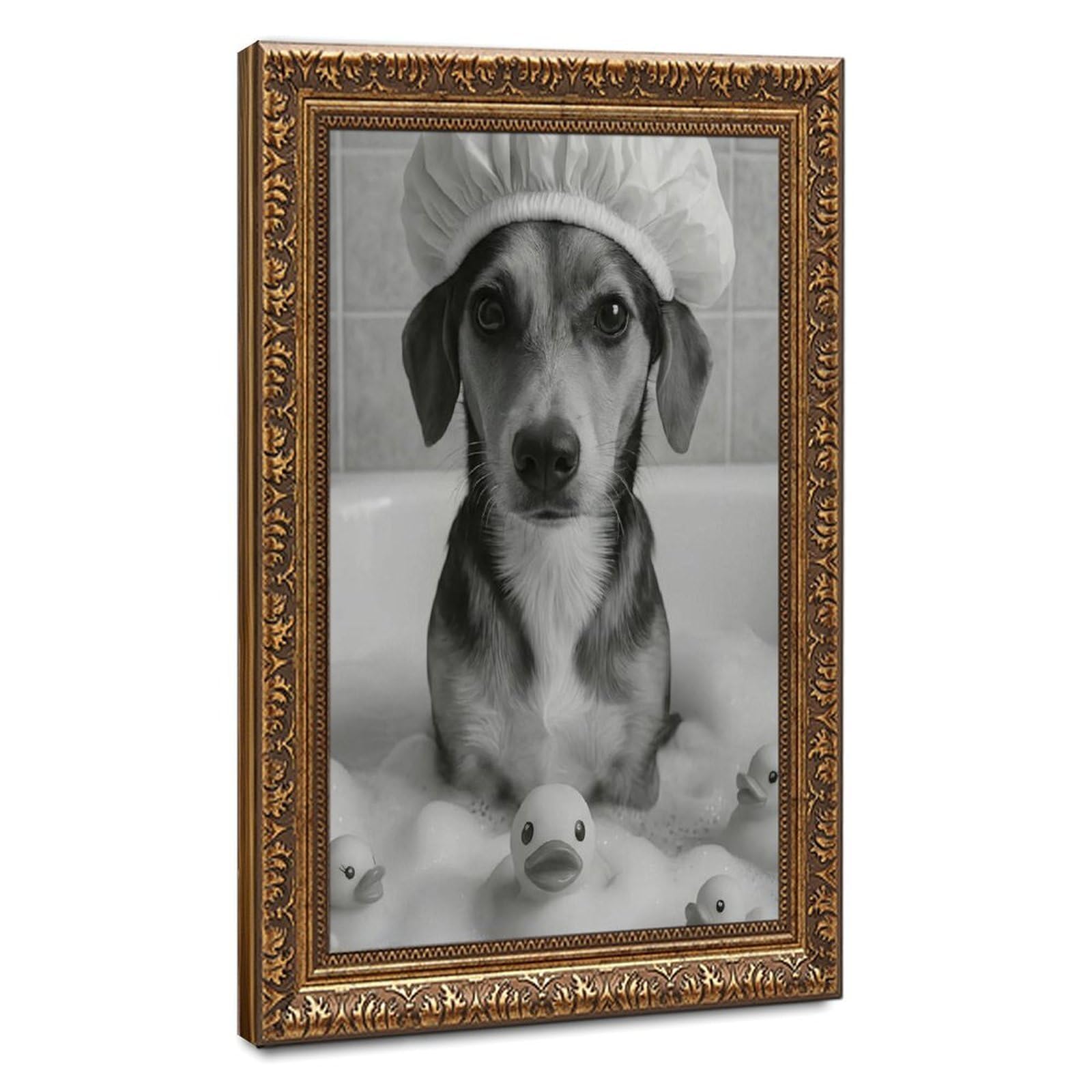 Lustiger Hund in der Badewanne, niedlicher Welpe mit Duschhaube, Leinwand-Poster, Wandkunst für Wohnzimmer und Schlafzimmer, 61 x 91,4 cm