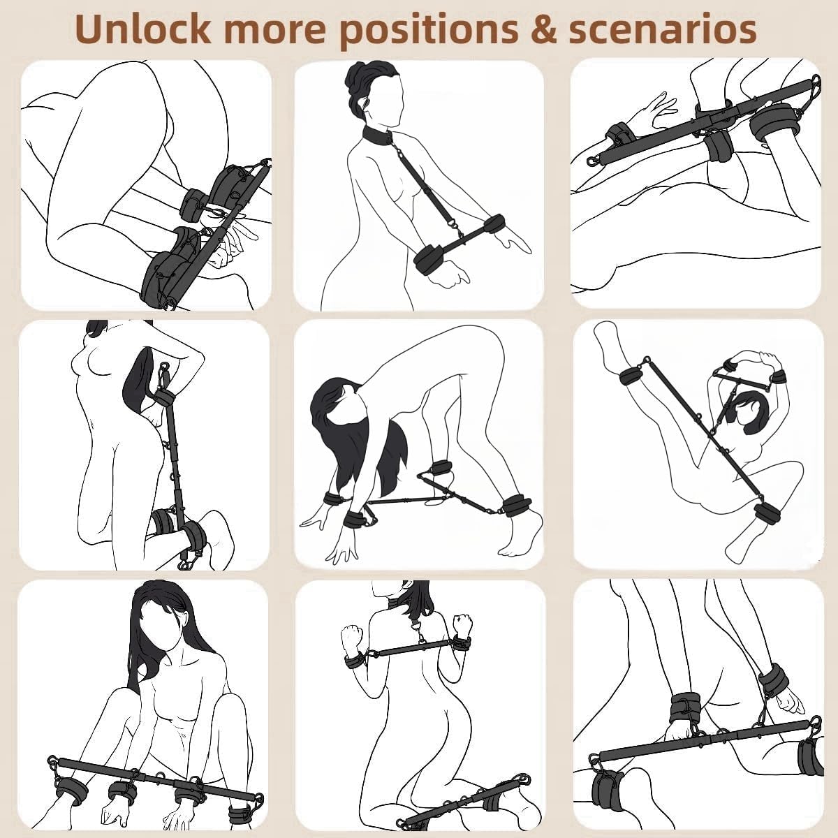 Barra separadora, juguetes sexuales con muñecas, tobillos, collares, esposas ajustables, set de ataduras BDSM para parejas adultas (negro)