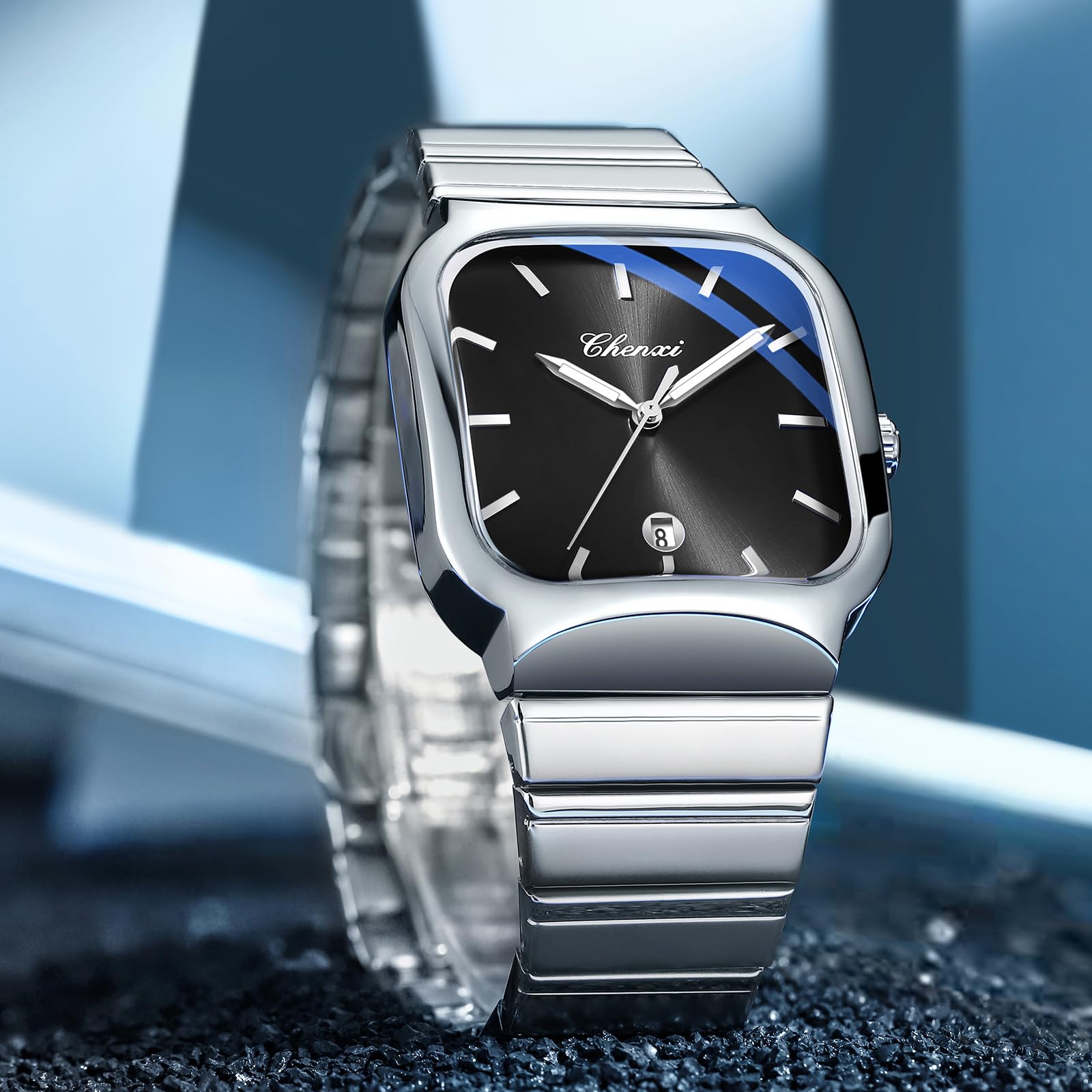 Gosasa Reloj de vestir cuadrado vintage para hombre de acero inoxidable de dos tonos | Reloj de cuarzo con fecha, resistente al agua hasta 30 m, reloj de pulsera analógico clásico de negocios