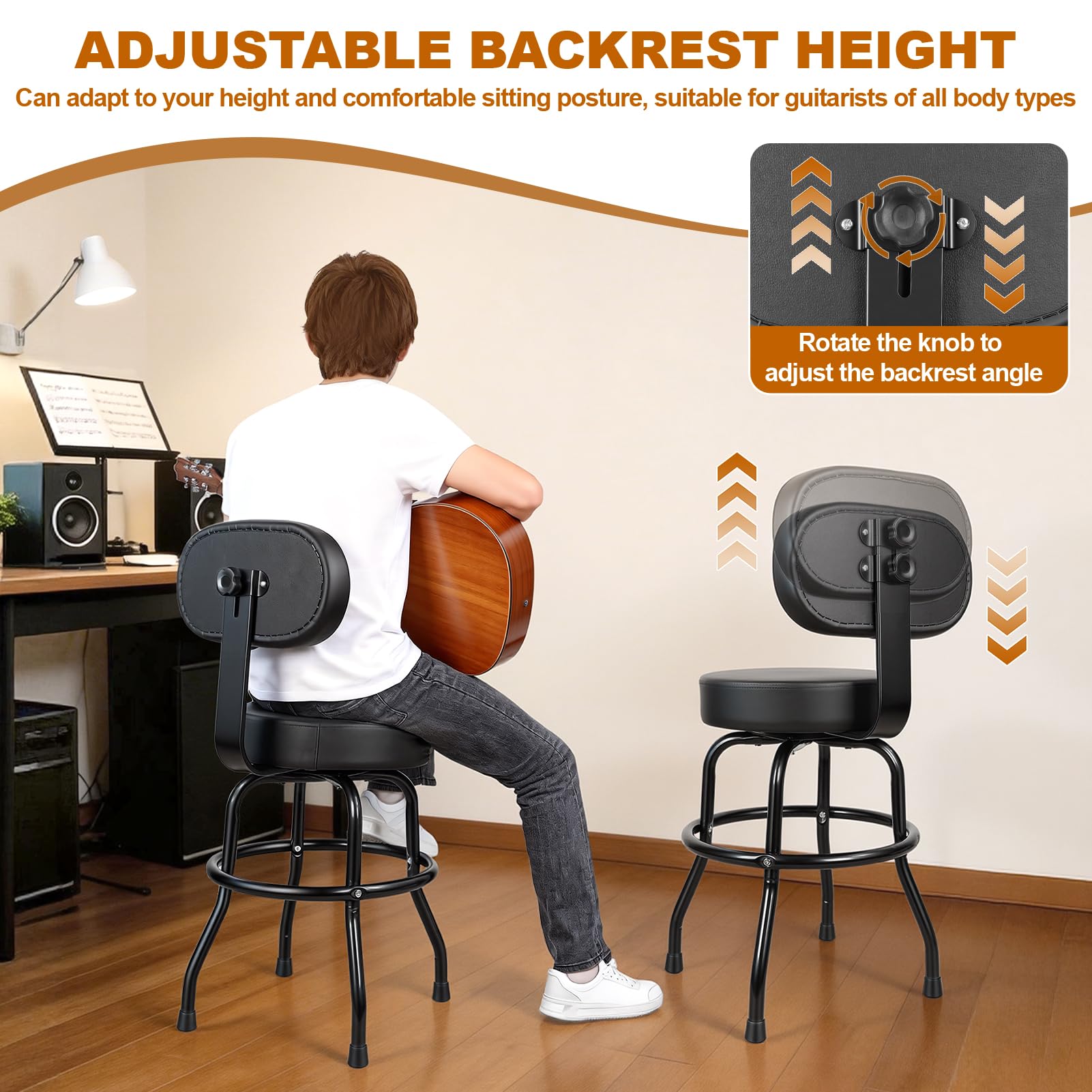 Gitarrenhocker mit Rückenlehne und Fußstütze – 360° drehbarer Barhocker, ergonomischer Gitarrenstuhl – Ideal für Akustikgitarre, E-Gitarre & Bass – Für Zuhause, Tonstudio & Bühne (Schwarz-1)