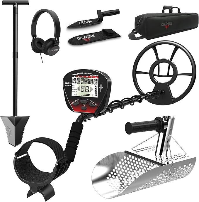DR.ÖTEK Metal Detector Kit MTXR, Heavy Duty Spade Shovel and Stainless Steel Sand Scoop for Treasure Hunting