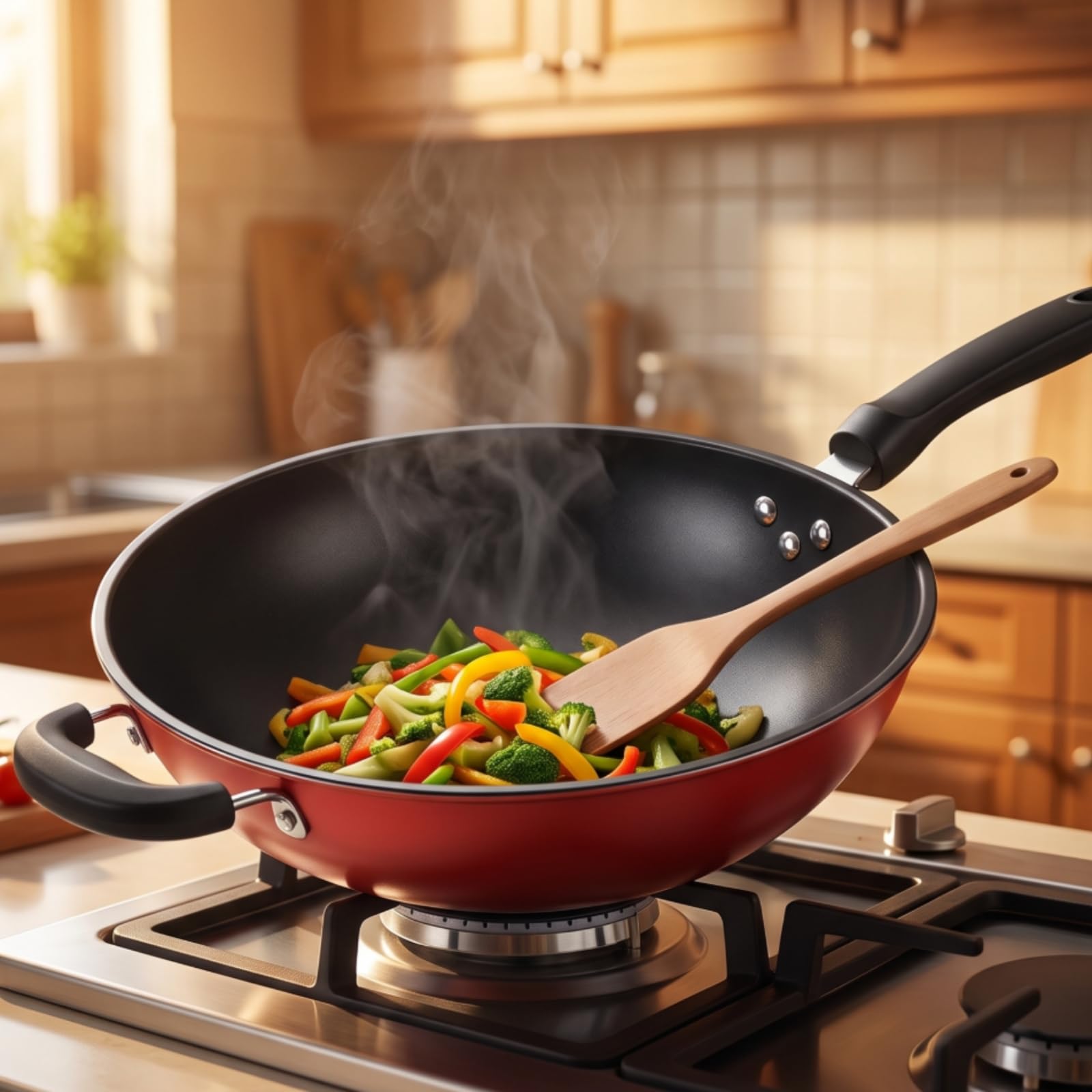 Gralara Wok Antiaderente Facile da Pulire, 30 Cm, Padella Wok Antiaderente Con Coperchio In Cristallo Di Diamante 30 Cm