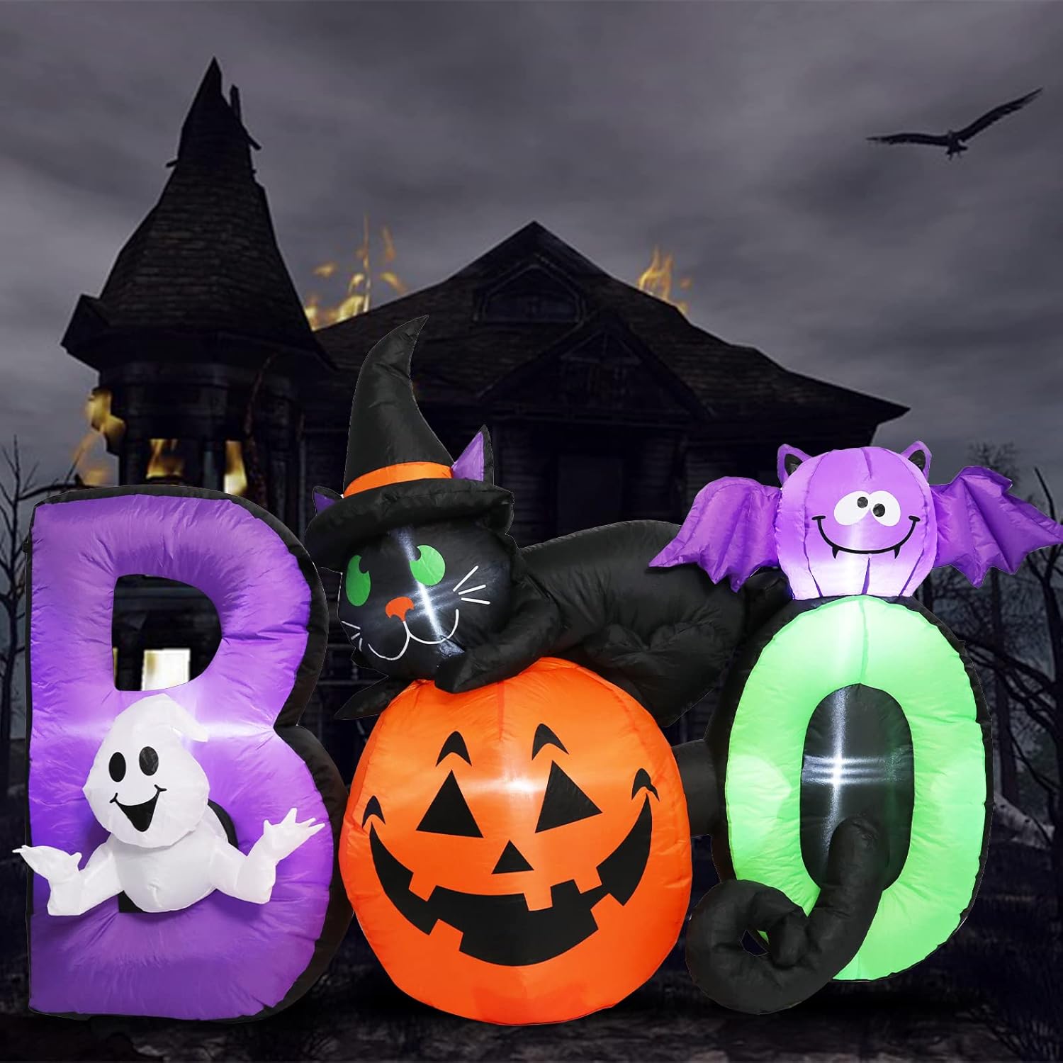 Halloween Inflatables Outdoor Decoration Pumpkin - Halloween Blow Up Yard Decorations Boo Black Cat Ghost Pumpkin with Built-in Lights for Holiday Party Yard Garden