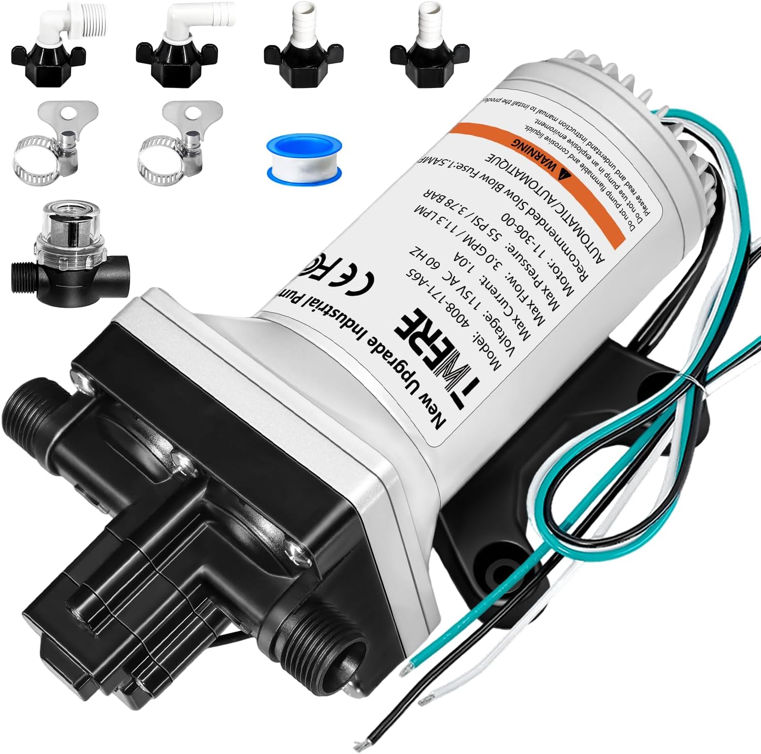 4008-171-A65/E65 RV Water Pump with Strainer,115V 55 PSI 3.0 GPM Camper Water Pump-1/2MNPT Connection,Fit for Camper,RV,Shower,Sprayer | Self Priming | On Demand Diaphragm | Quiet Operation