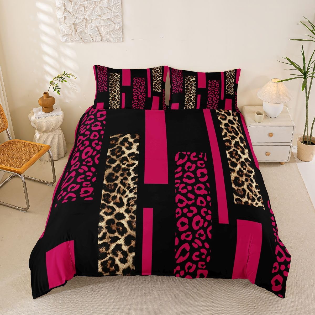 Erosebridal Rustic Brown Leopard Print Toddler Duvet Cover Patchwork Farmhouse Cheetah Comforter Cover Country Aesthetic Leopard Art Bedding Set Geometric Plaid Animal Quilt Cover for Kids Boys Girls